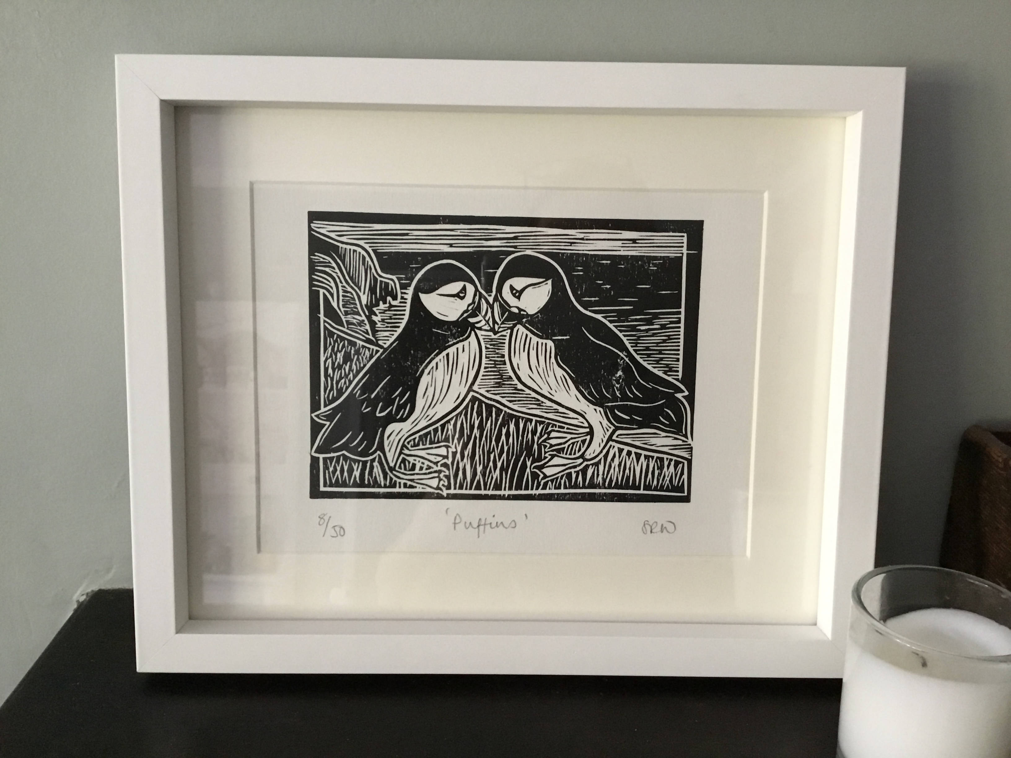 A Couple of Billing Puffins Framed Lino Cut Print
