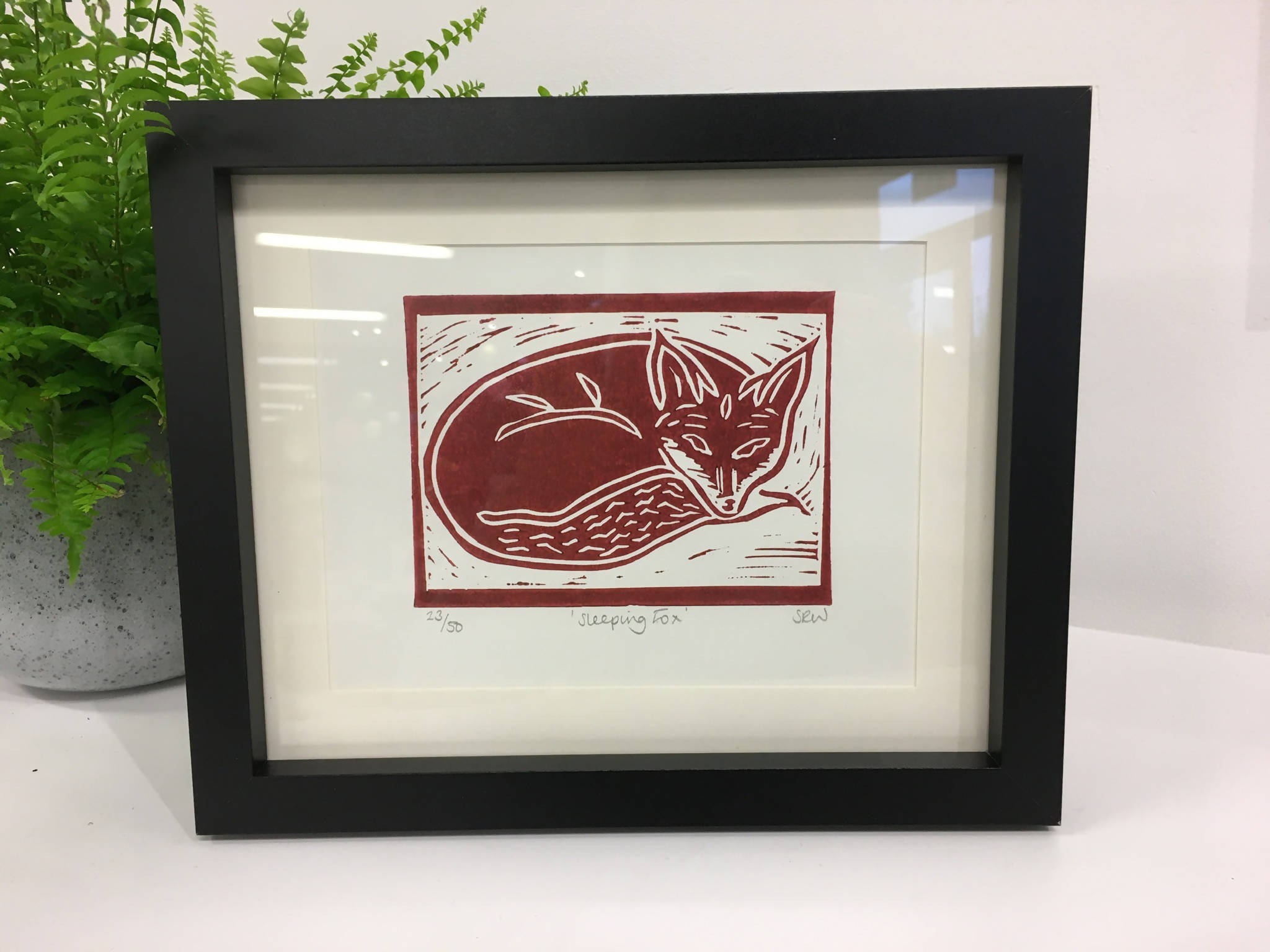 Sleeping Fox Framed Lino Cut Print