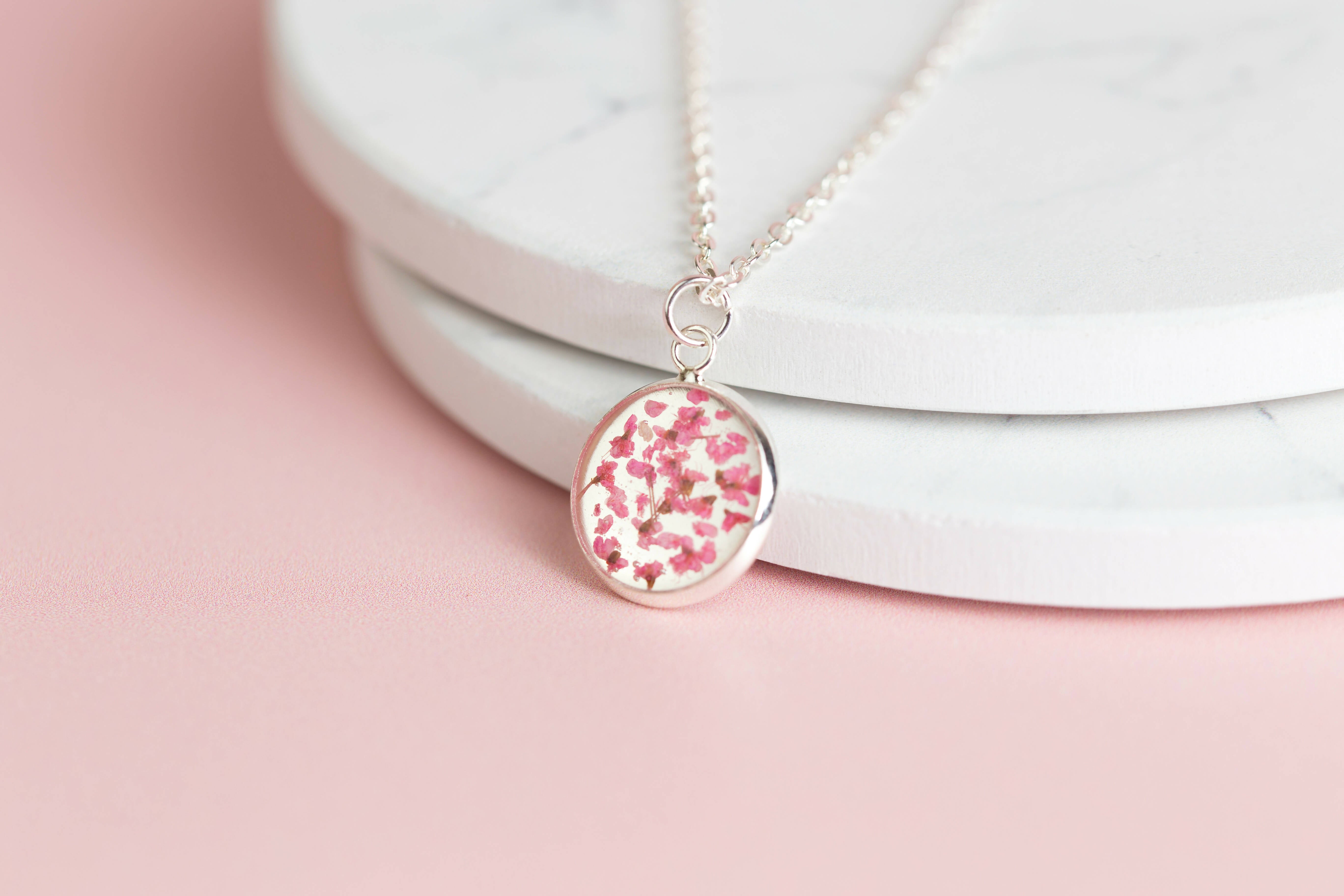 Pink Queen Anne’s Lace Small Mirrored Circle Bezel Necklace Silver Plated