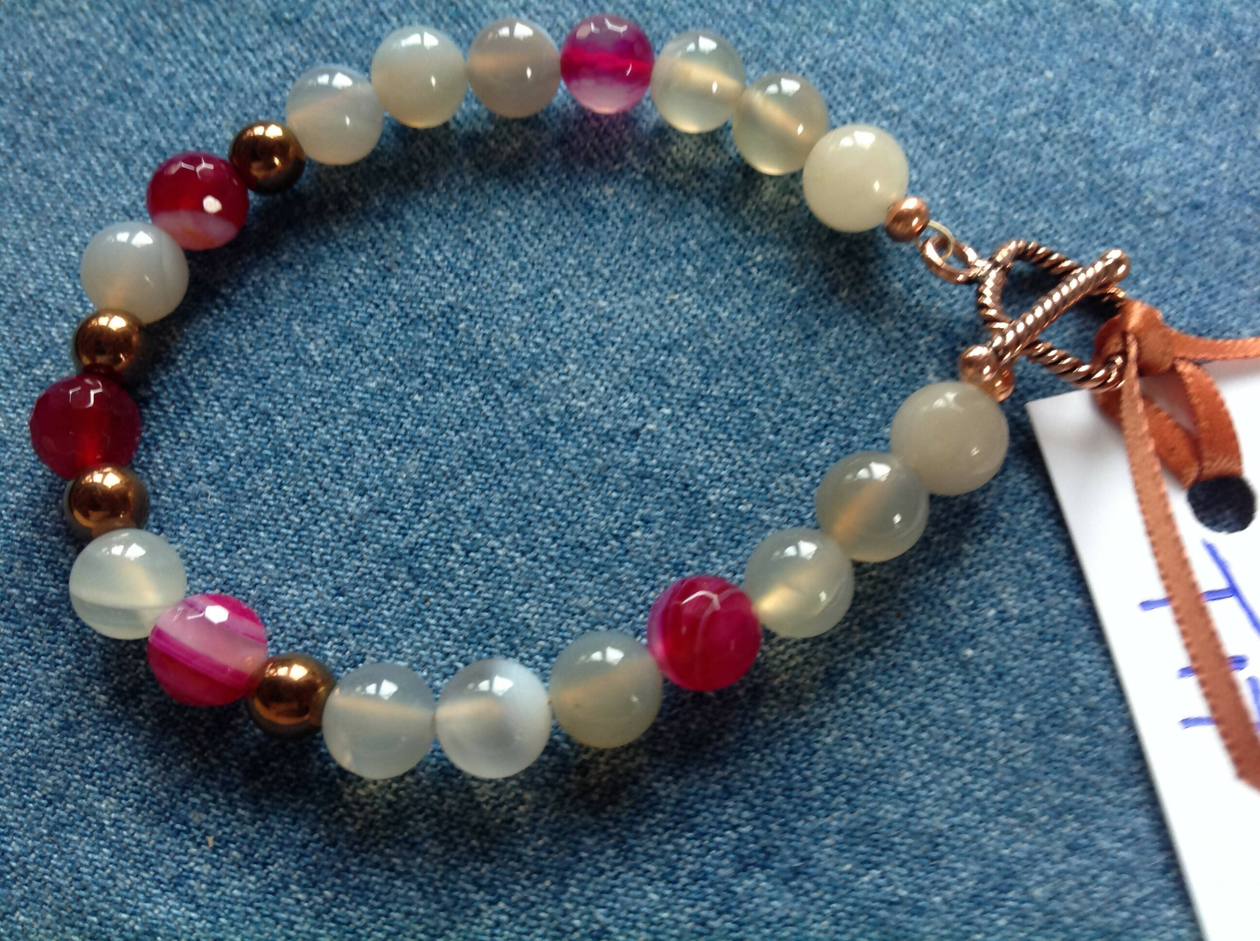Grey Agate, Fuchsia Banded Agate and Copper Hematite Bracelet