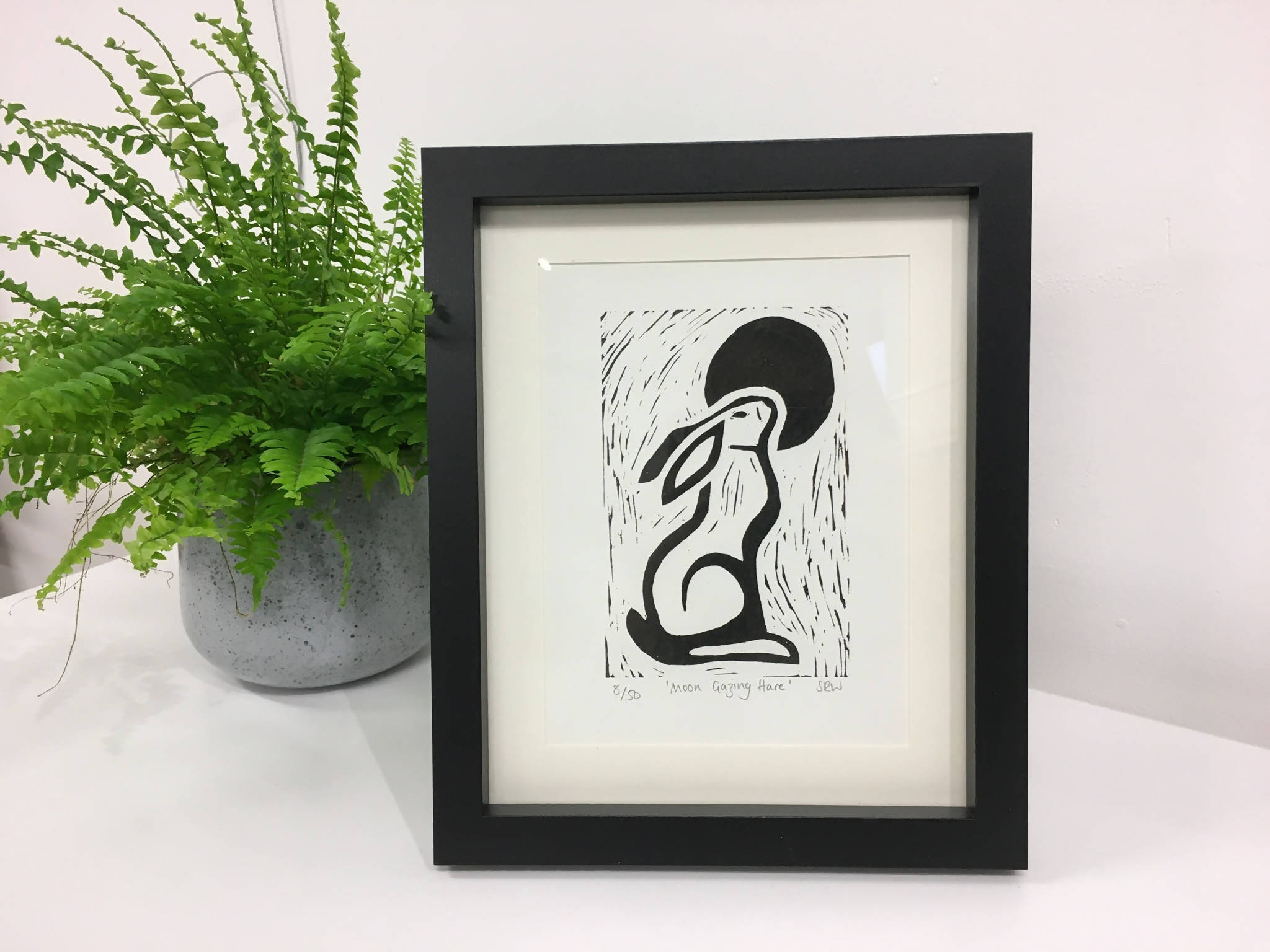 Moon Gazing Hare Framed Lino Cut Print
