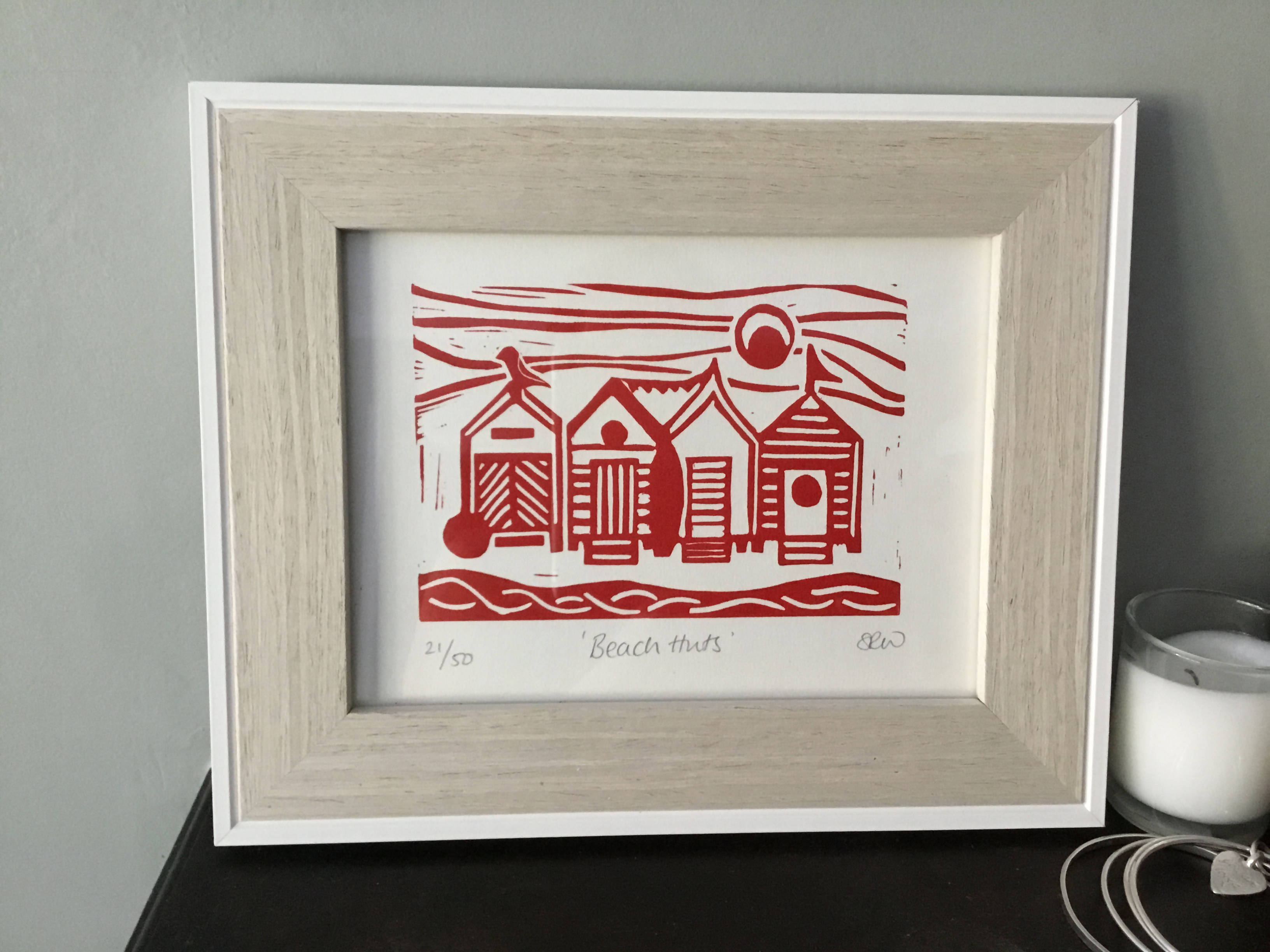 Beach Huts Framed Lino Cut Print
