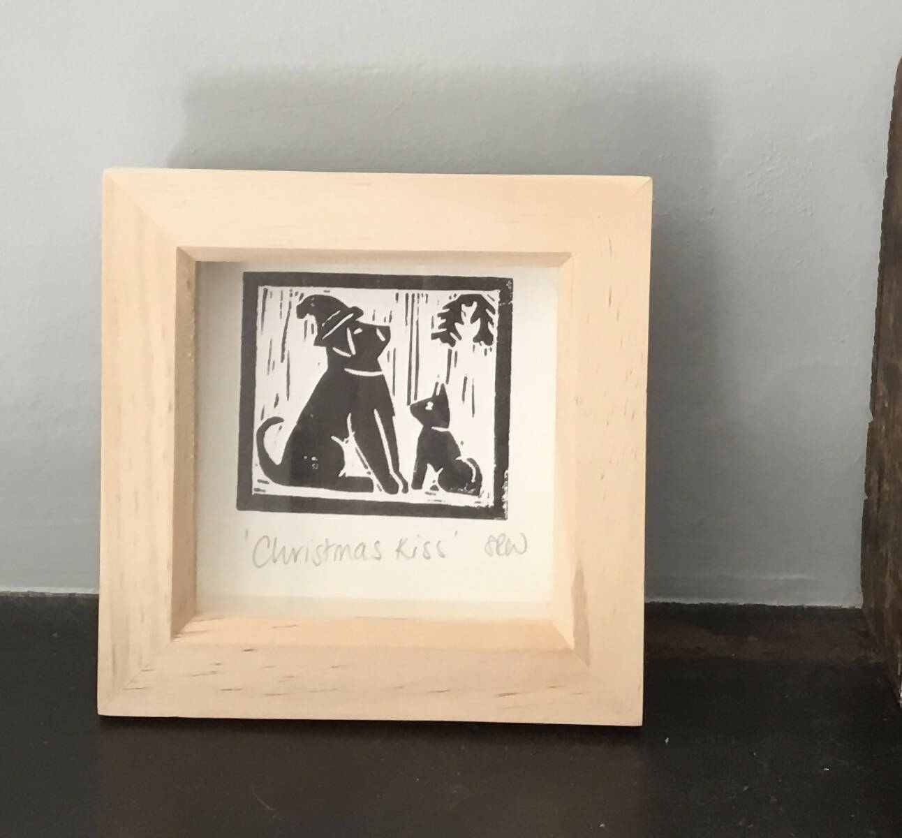 Christmas Kiss Framed Lino Cut Print