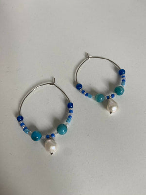 Blue agate beaded earrings with fresh water pearl charm