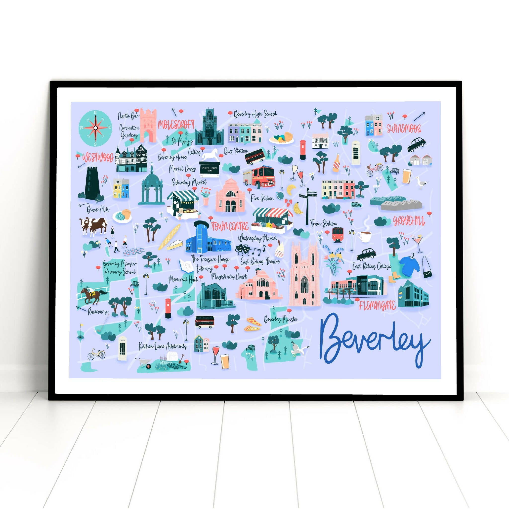 Blue illustration of Beverley featuring main landmarks.