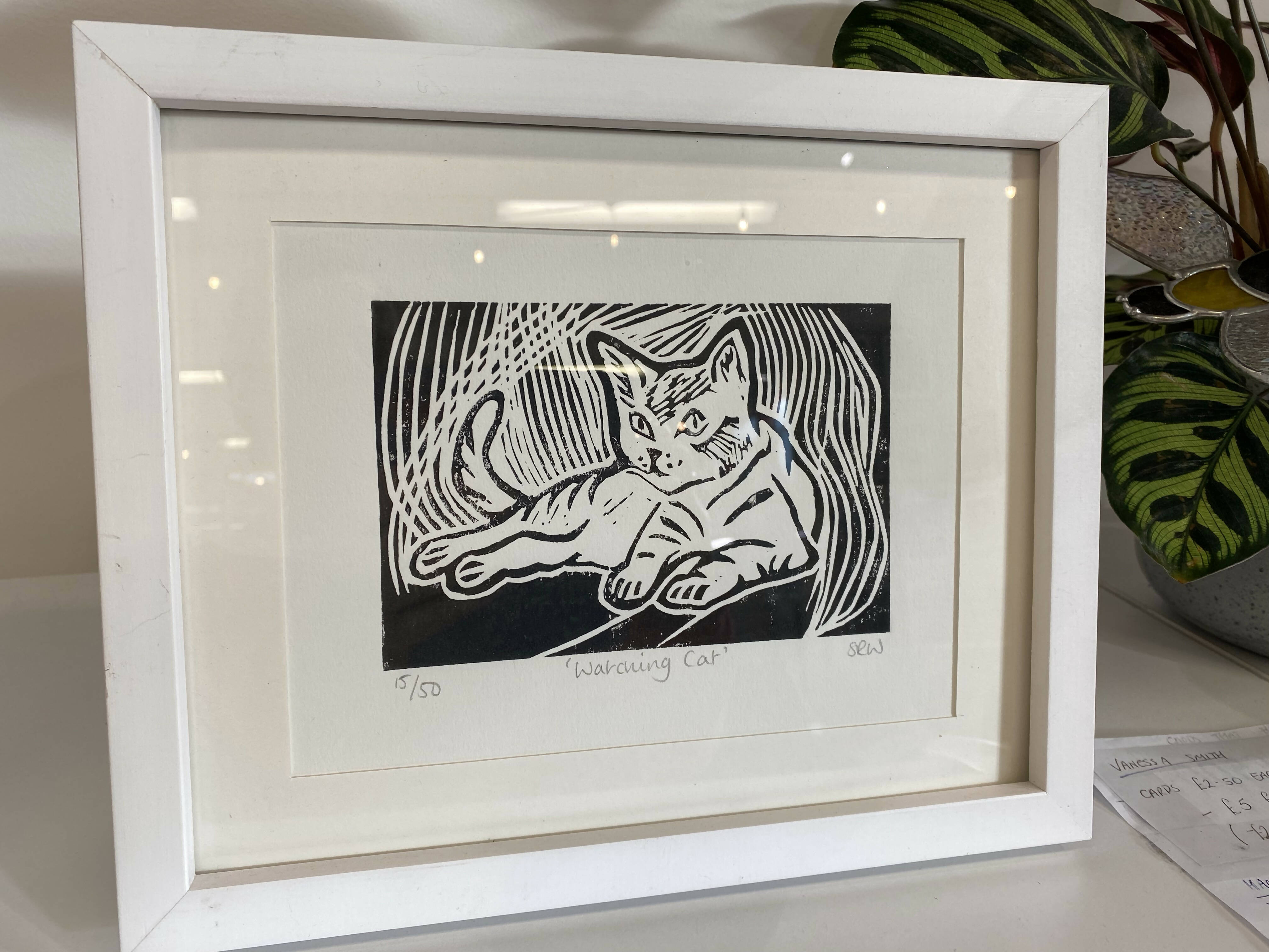 Watching Cat Framed Lino Cut Print