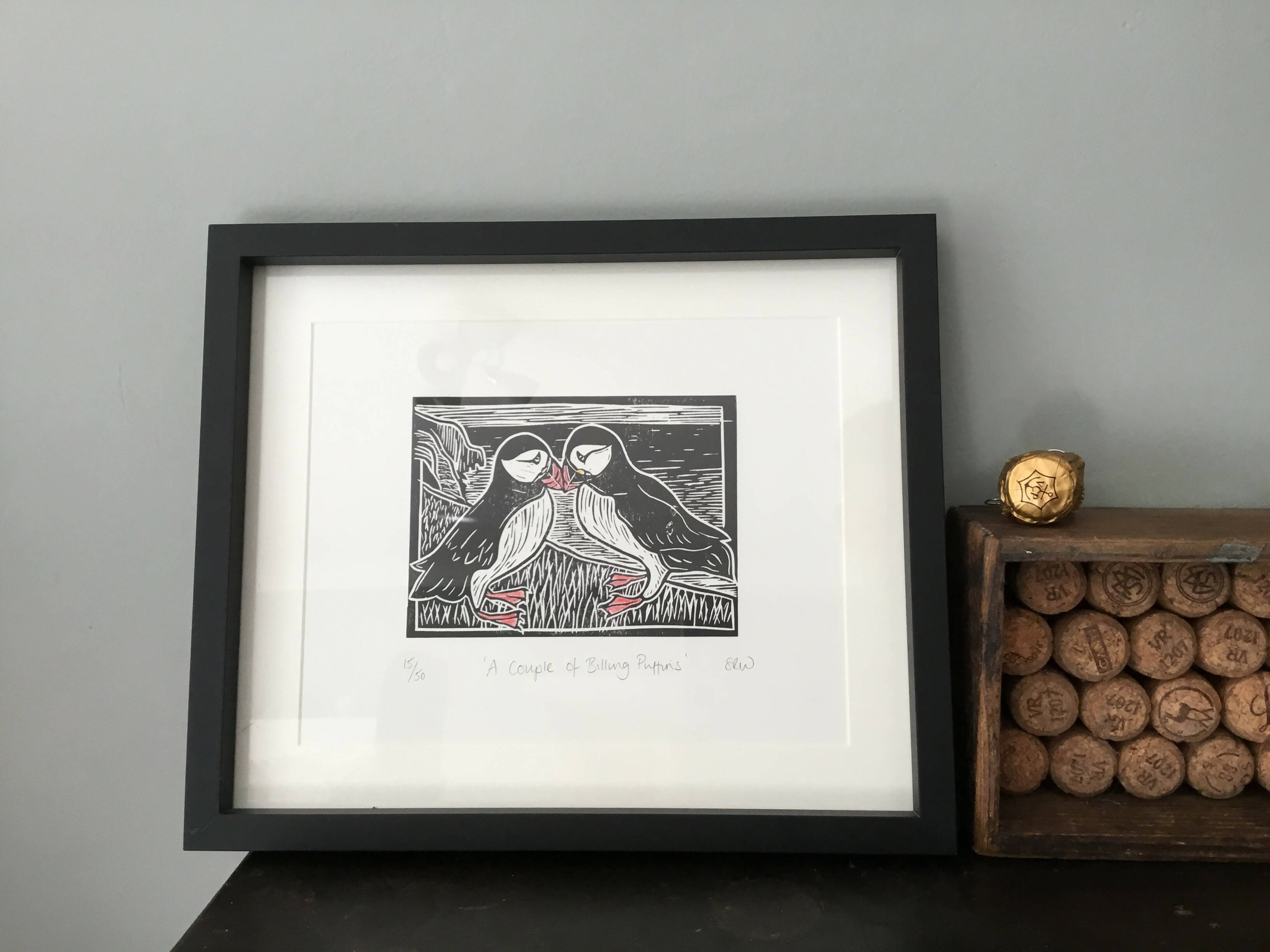 A Couple of Billing Puffins Framed Lino Cut Print