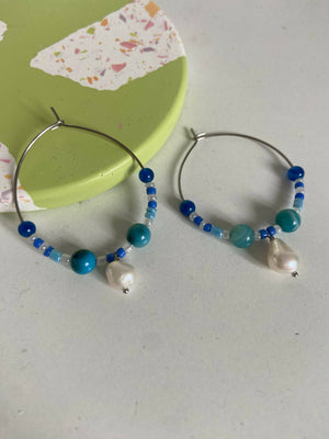 Blue agate beaded earrings with fresh water pearl charm