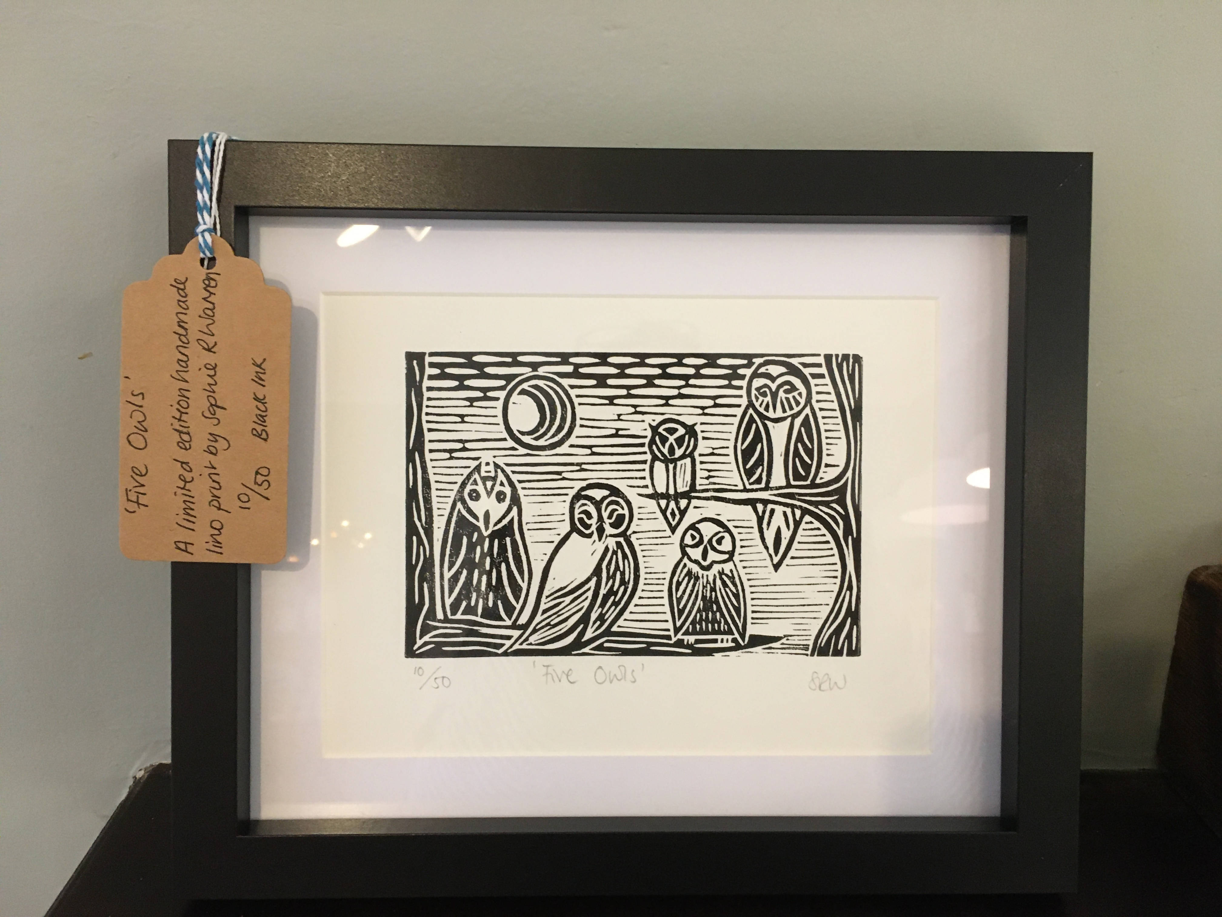 Five Owls Framed Lino Cut Print