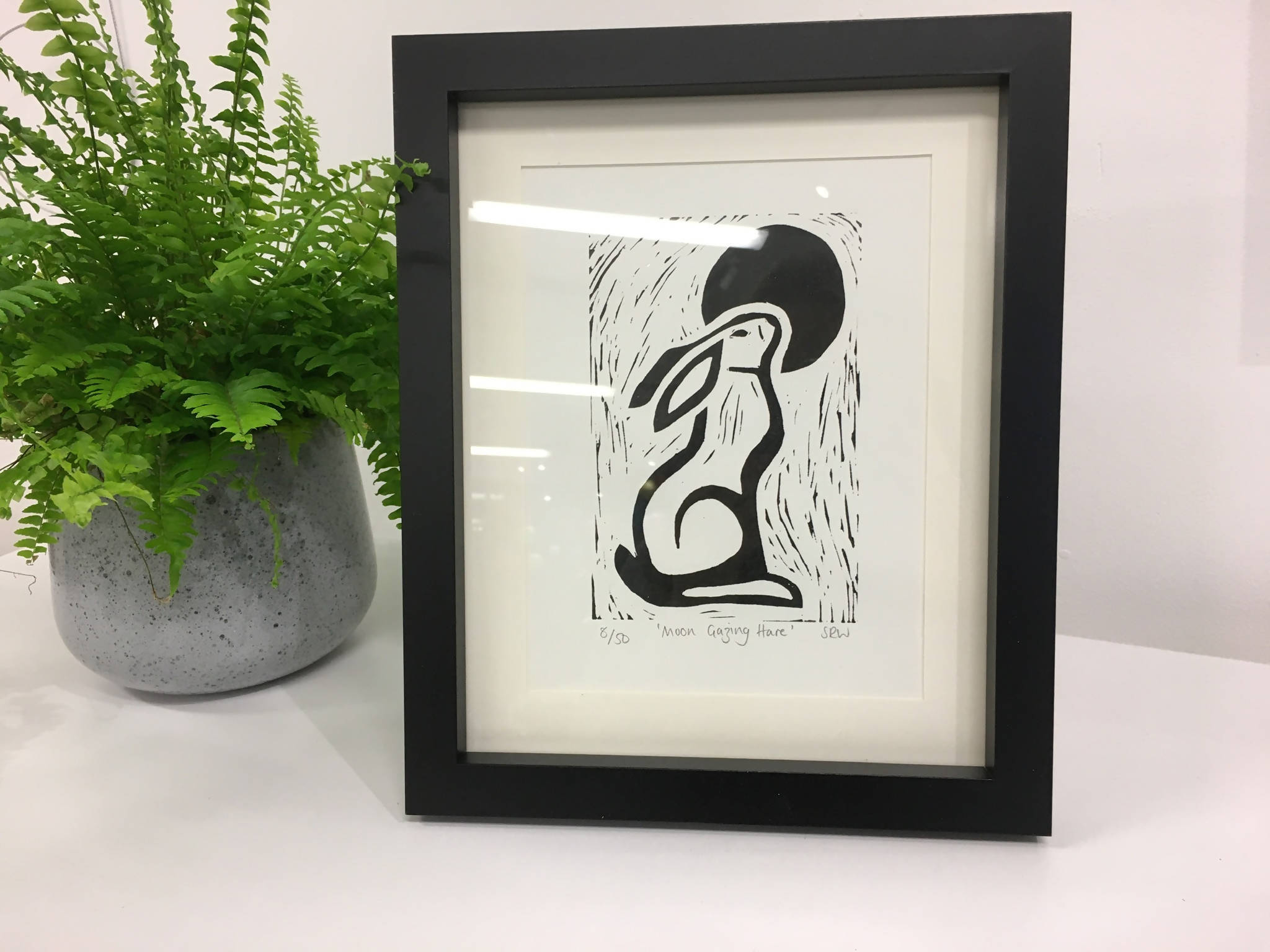 Moon Gazing Hare Framed Lino Cut Print