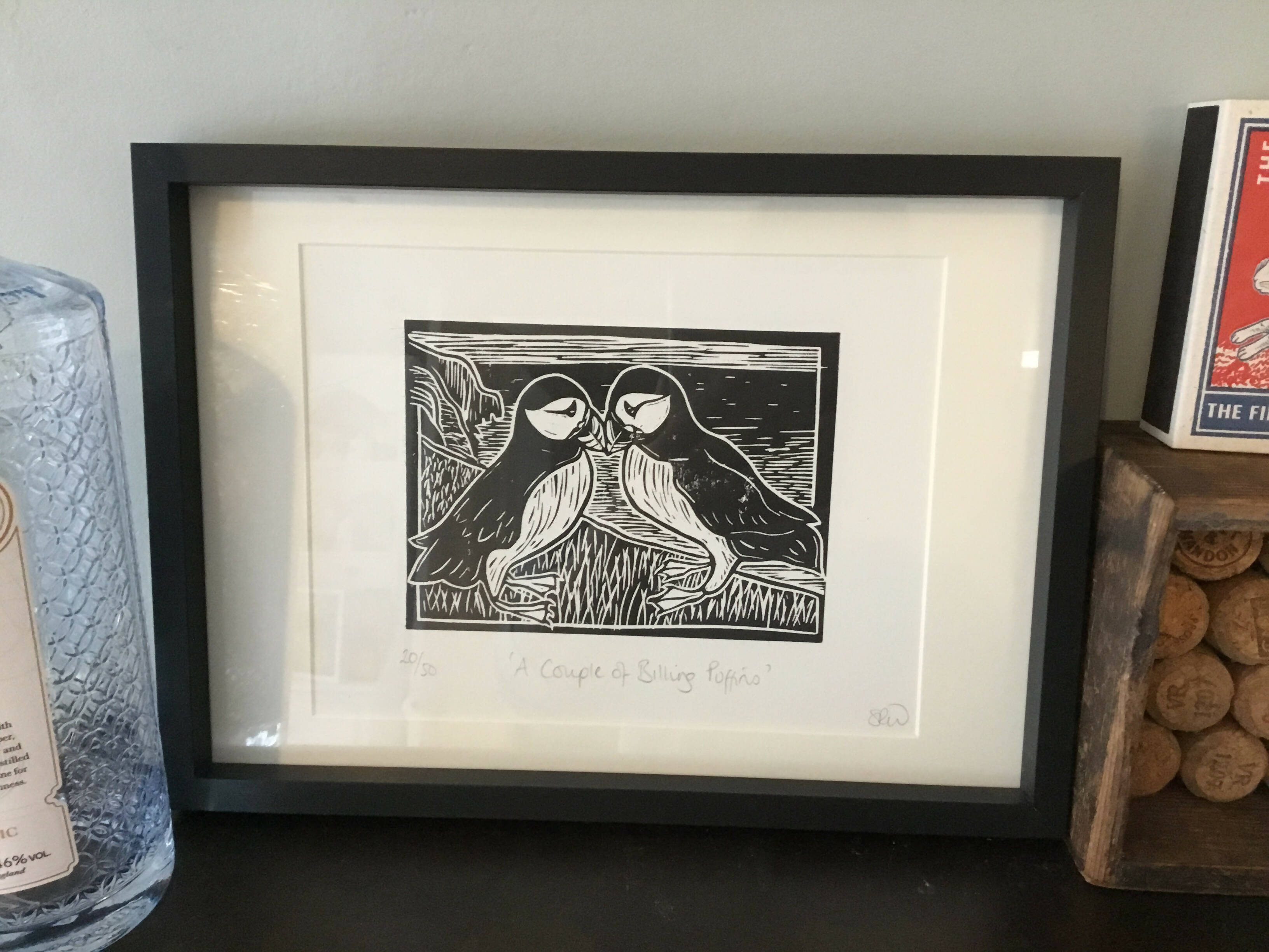 A Couple of Billing Puffins Framed Lino Cut Print