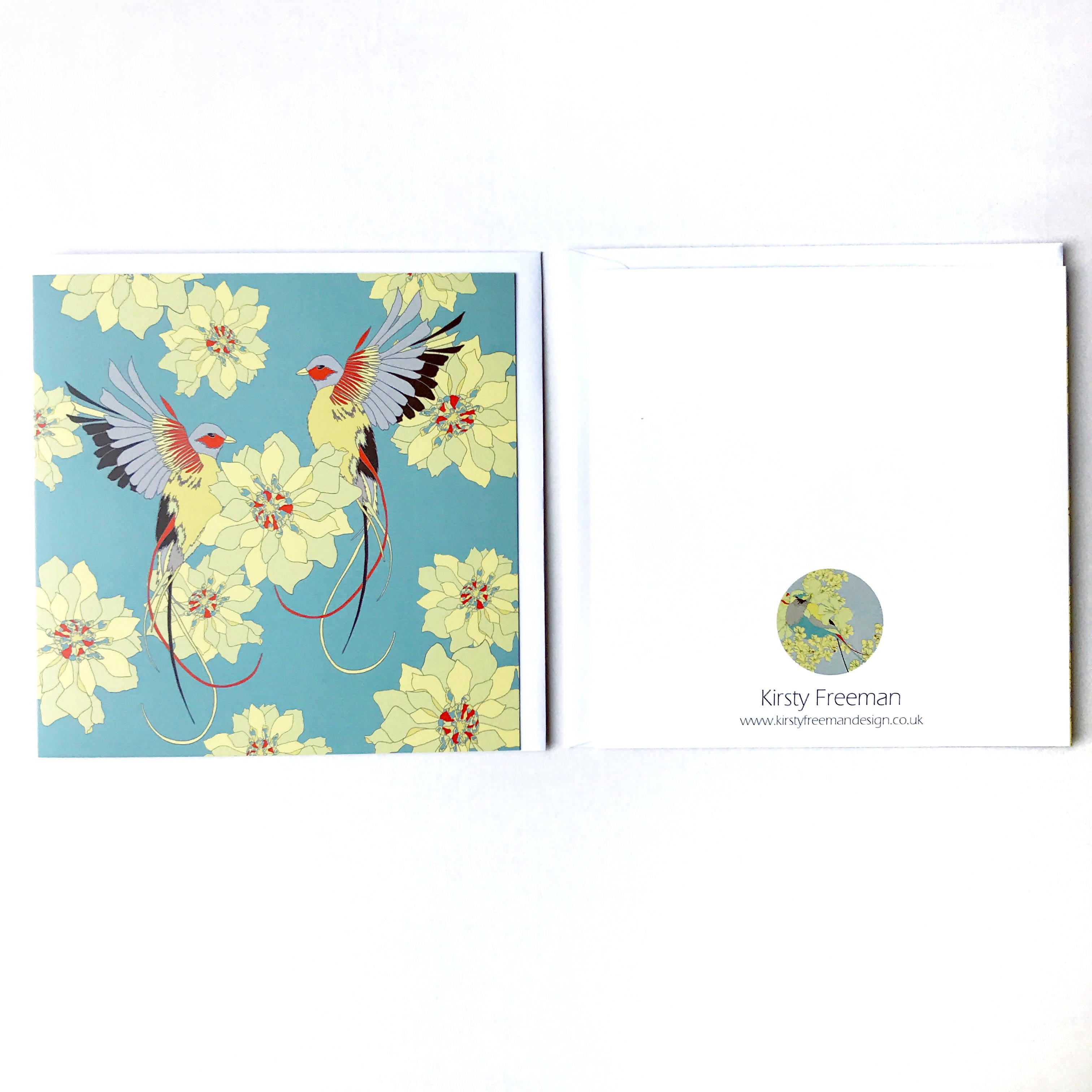 Turquoise Flying Birds & Flowers Greetings Card