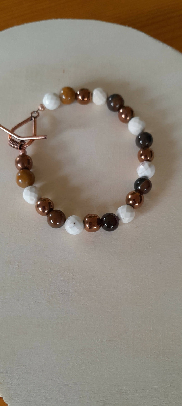 Pure Copper Clasp Bracelet with Faceted Howlite, Indian Agate and Copper Hematite