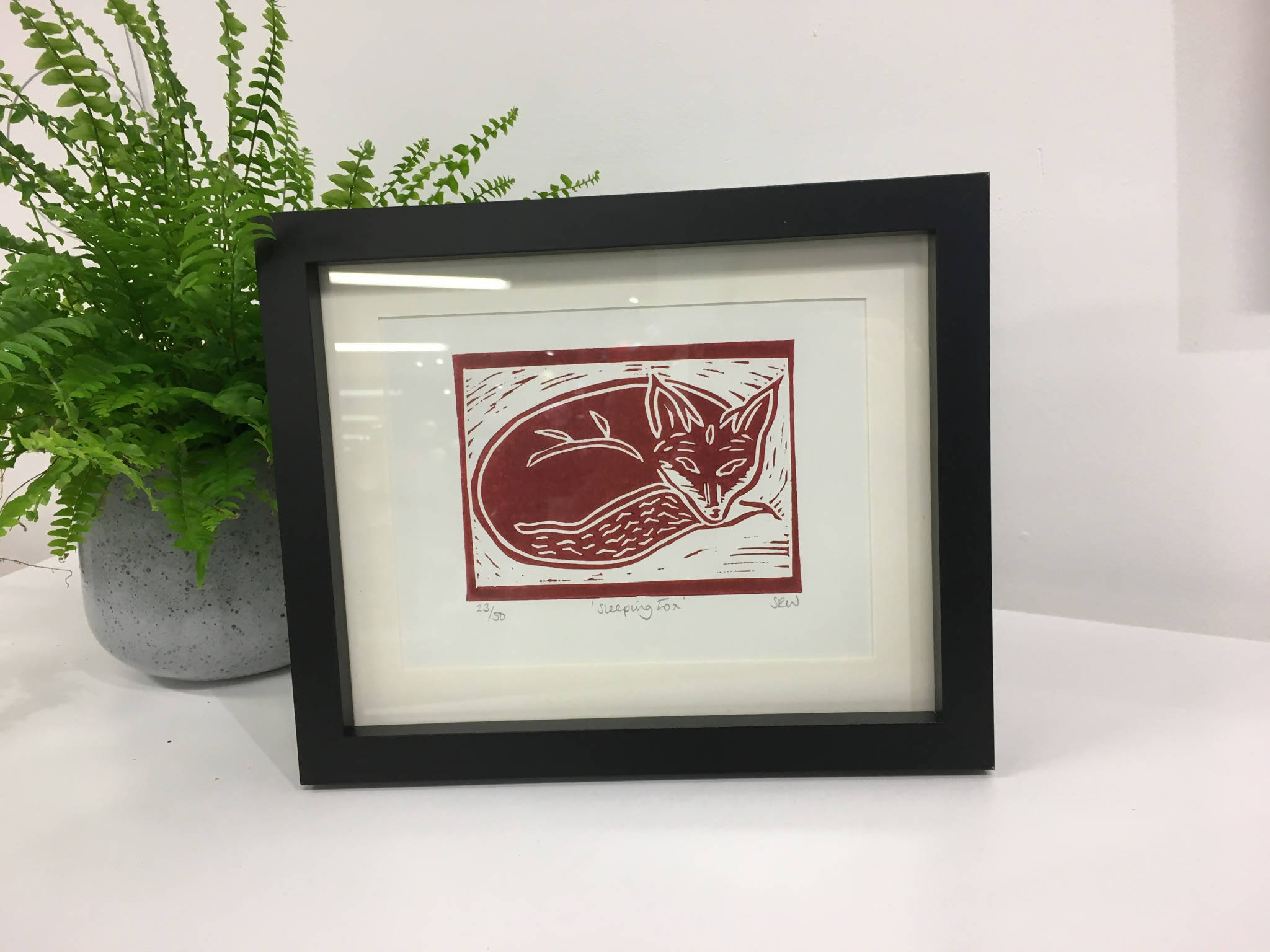 Sleeping Fox Framed Lino Cut Print