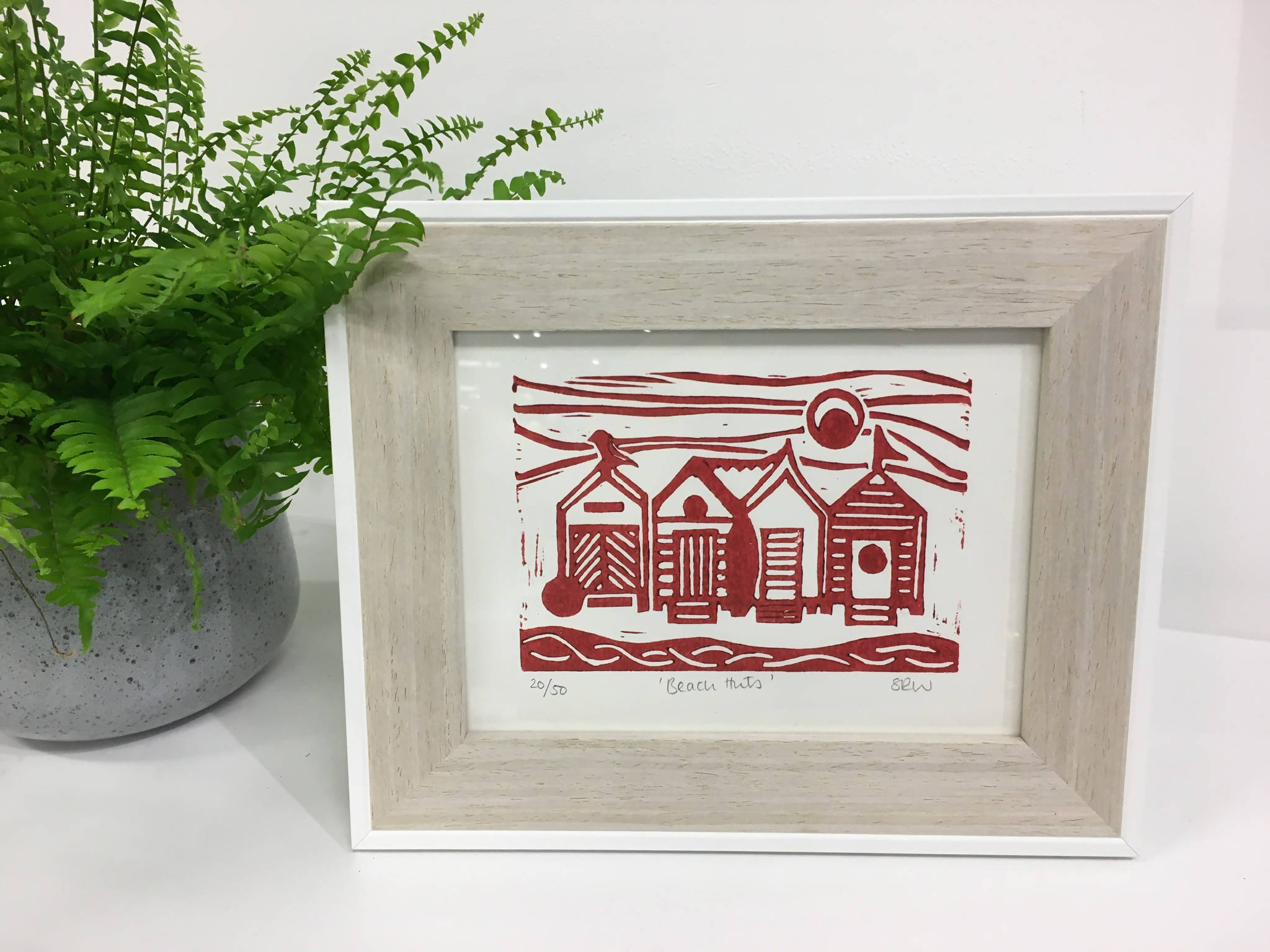 Beach Huts Framed Lino Cut Print
