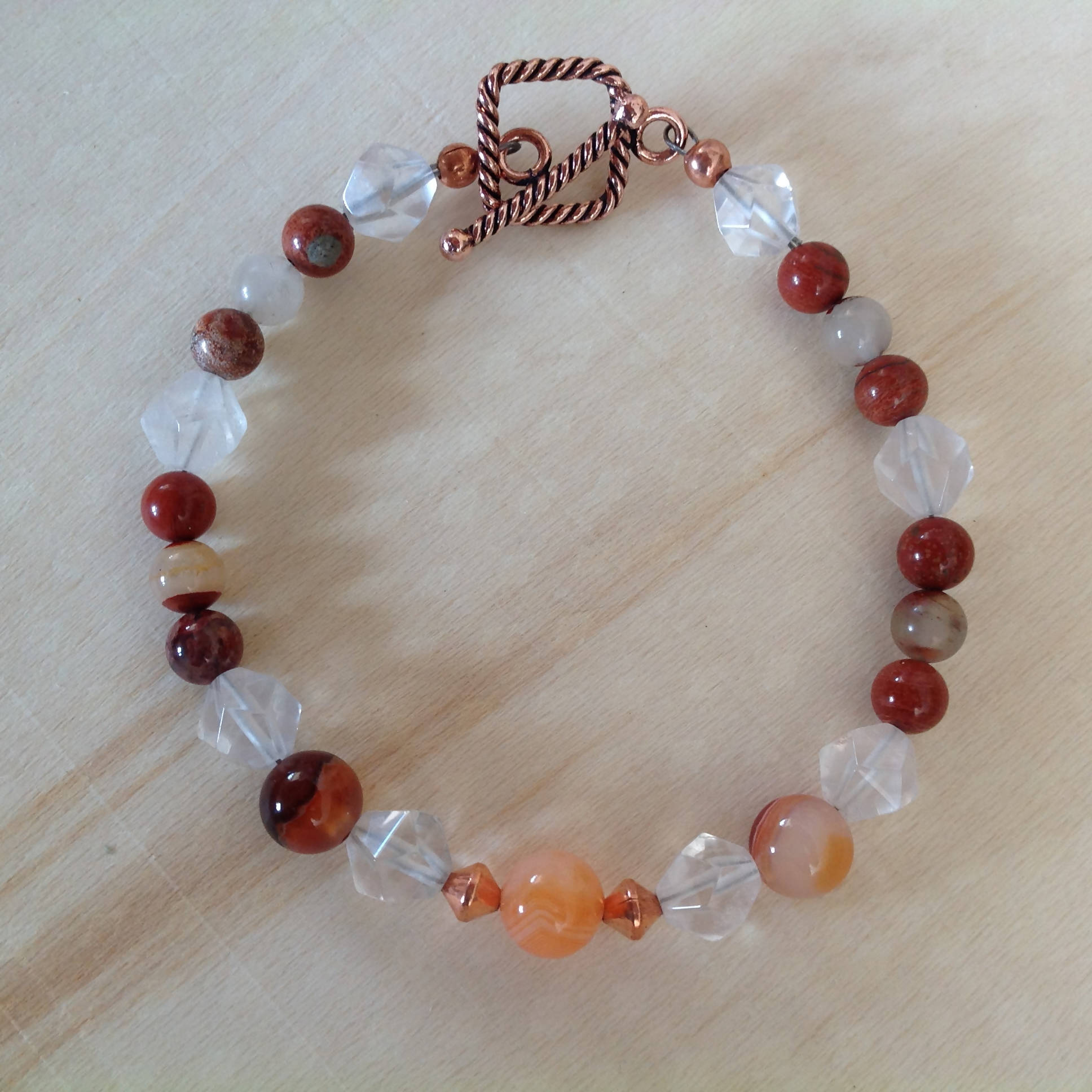Faceted Rose Quartz, Red Jasper and Banded Agates Copper Toggle Bracelet