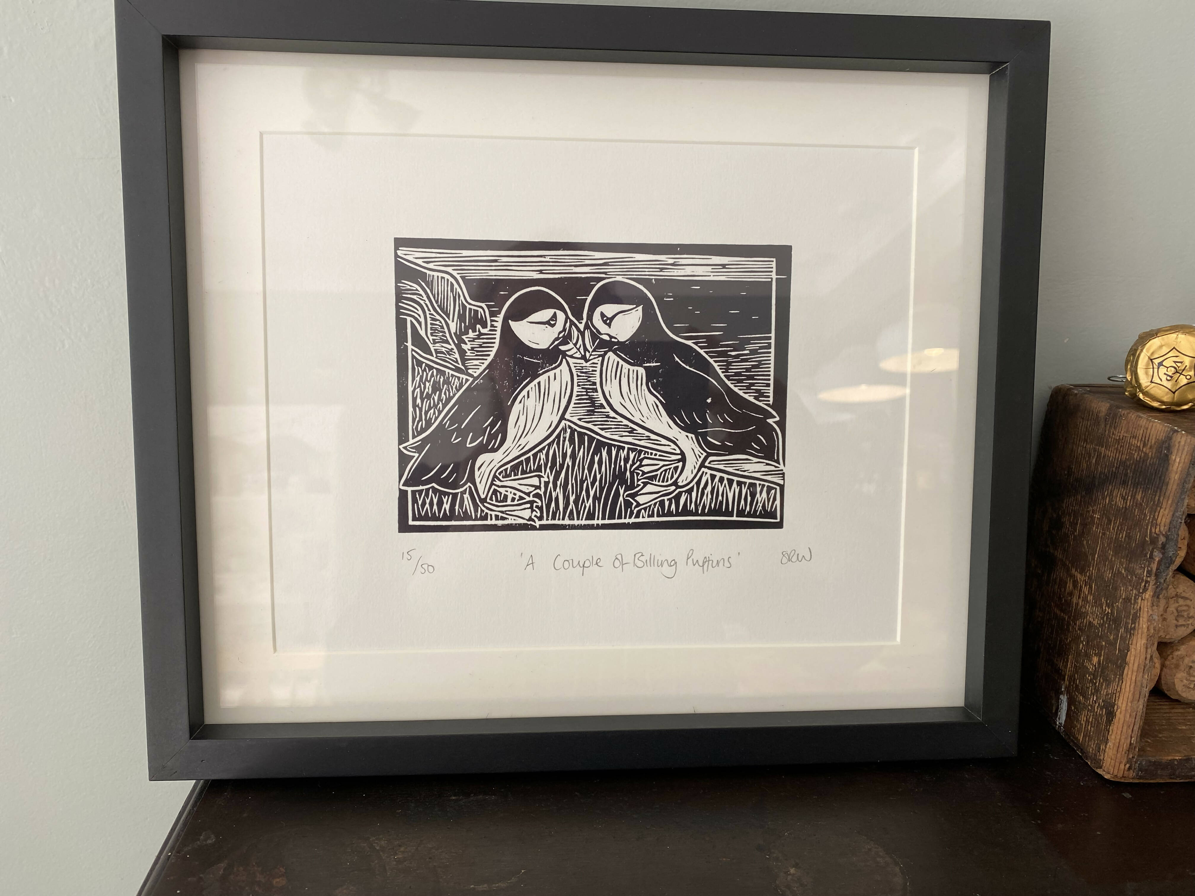 A Couple of Billing Puffins Framed Lino Cut Print