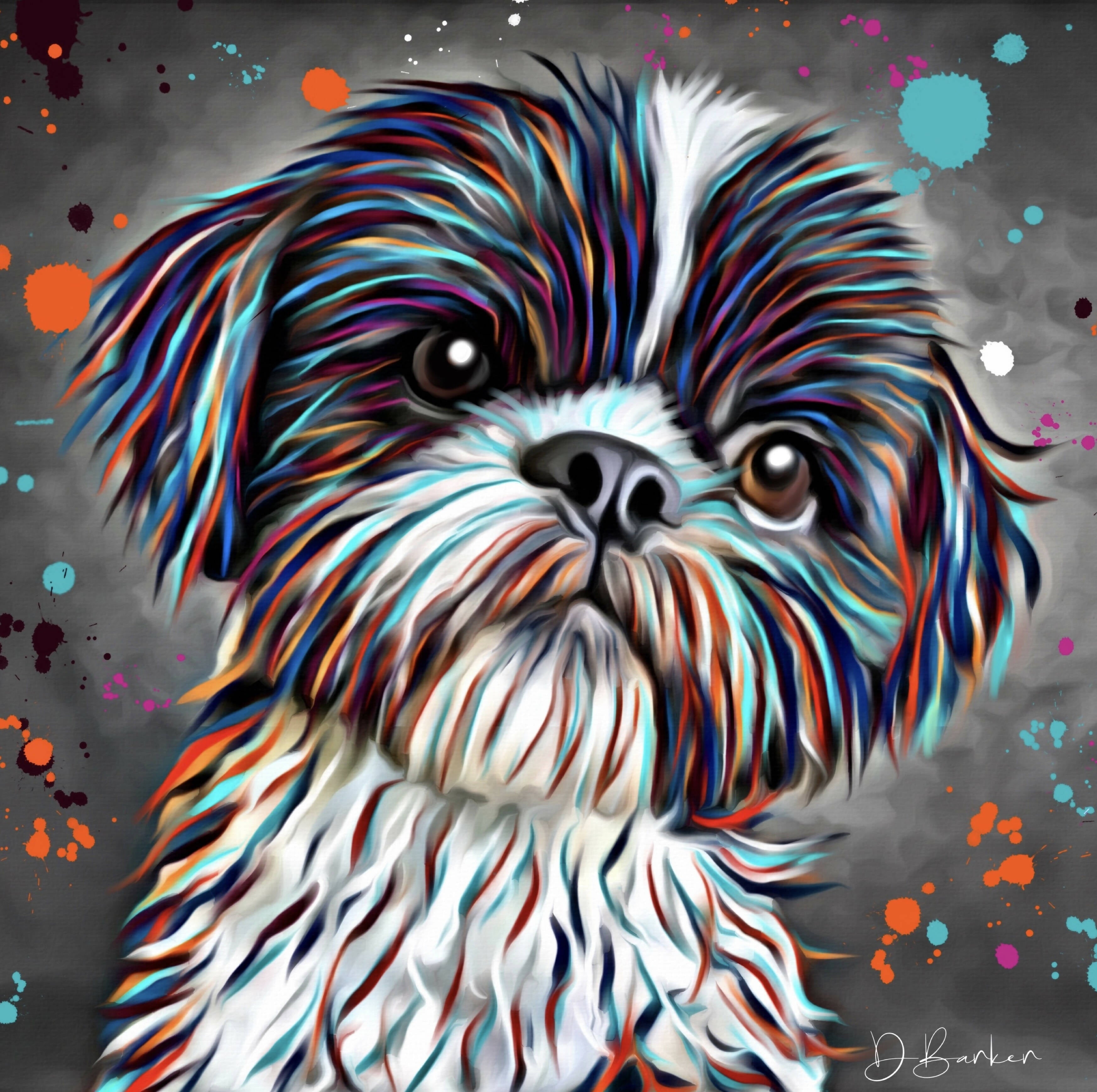 SHITZU DOG COLOUR SPLASH MOUNTED ARTWORK.