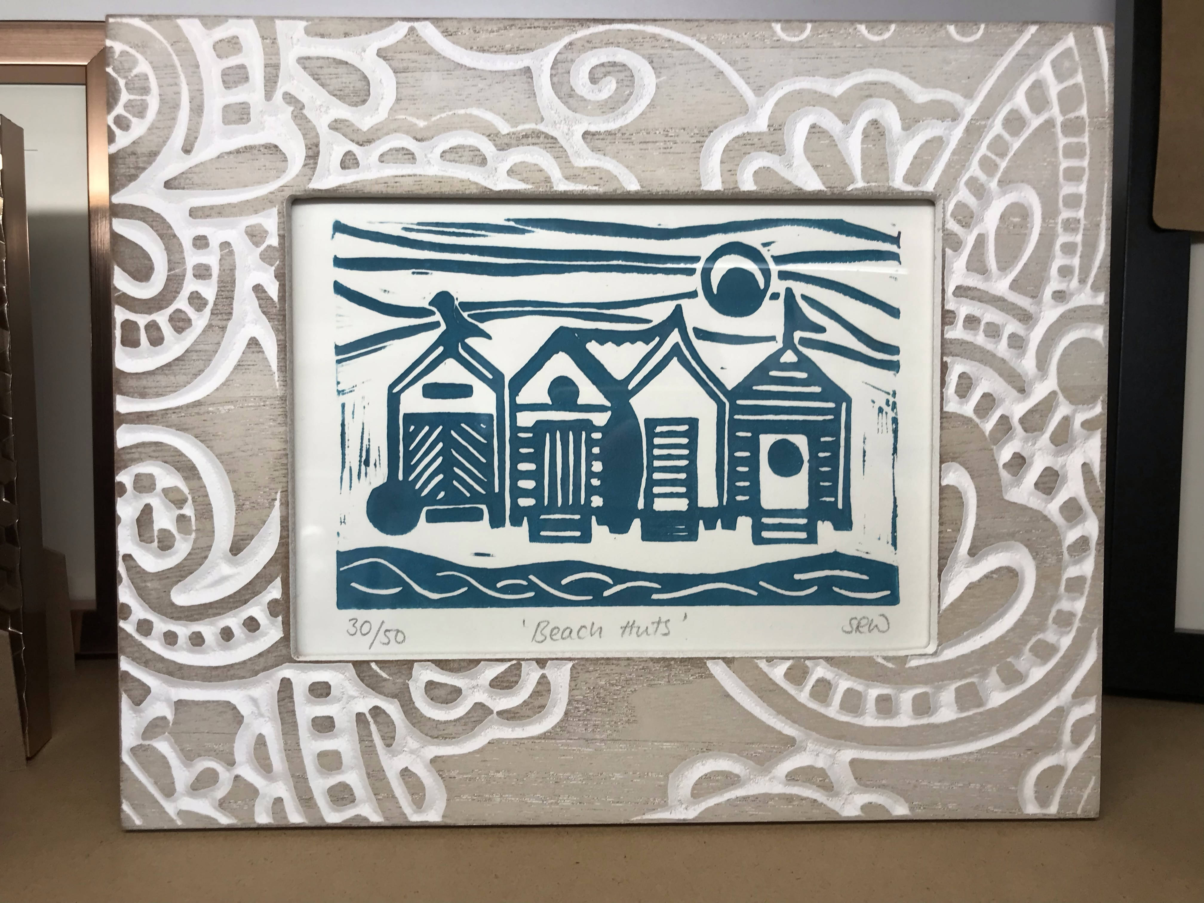 Beach Huts Framed Lino Cut Print