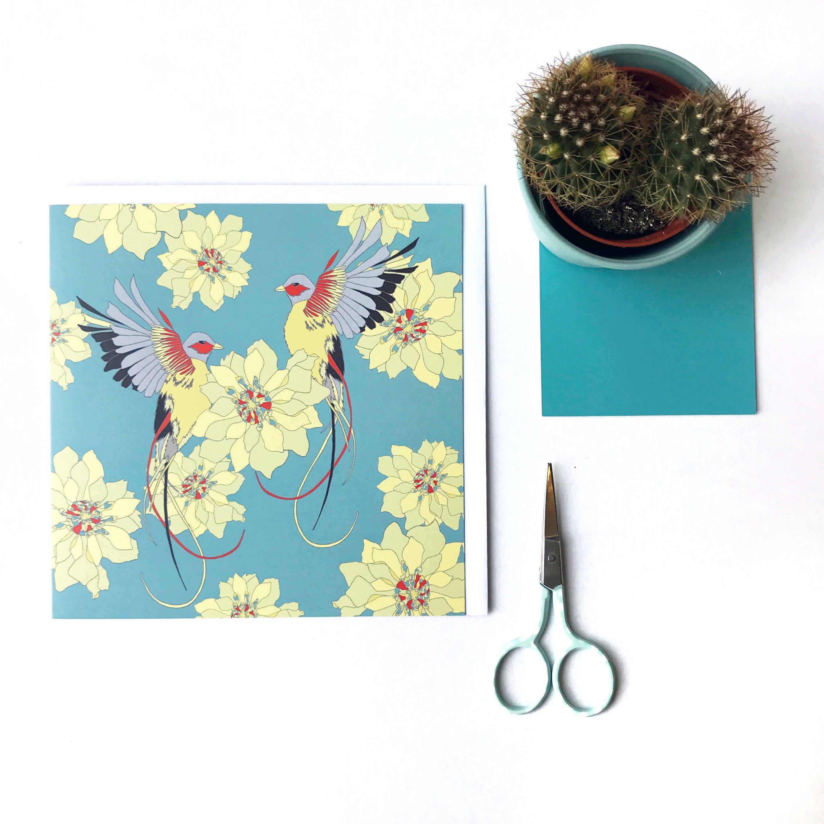 Turquoise Flying Birds & Flowers Greetings Card