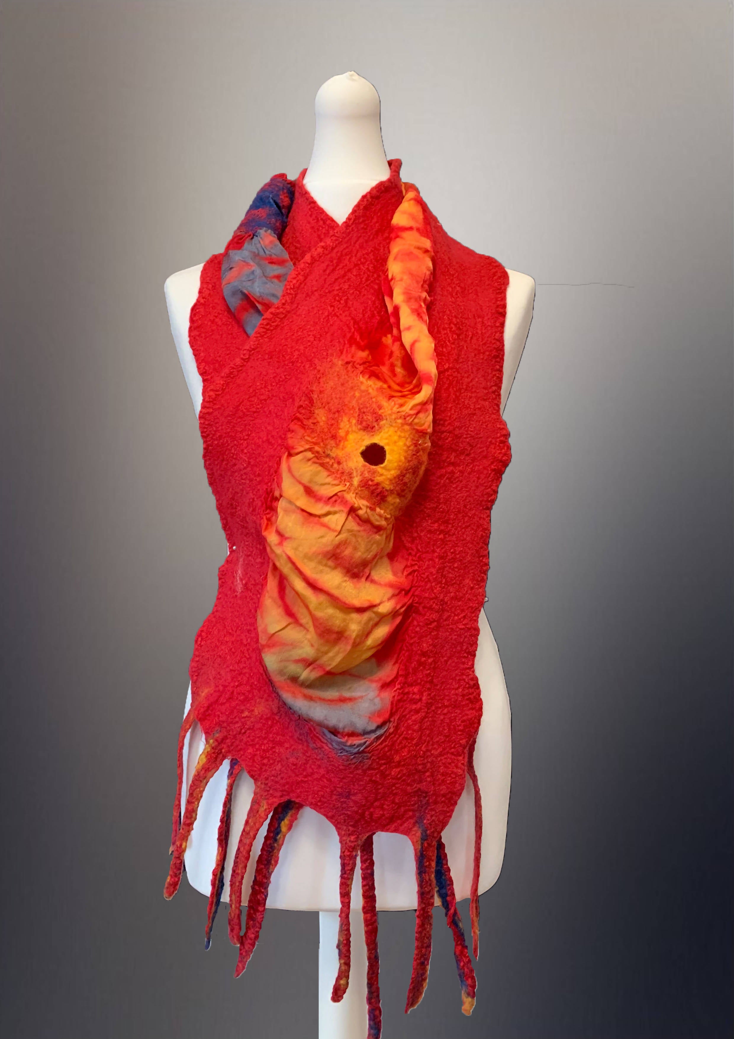 Nuno Felt Scarf - Red Orange and Grey