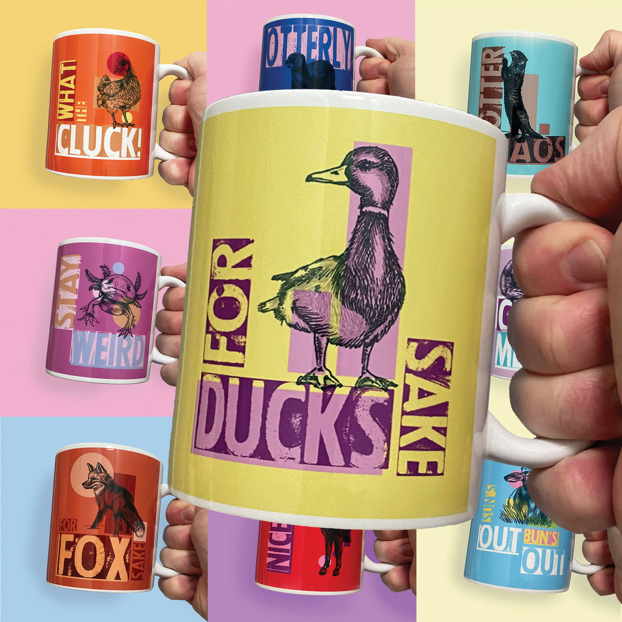 Yellow mug with duck and pun illustration design.