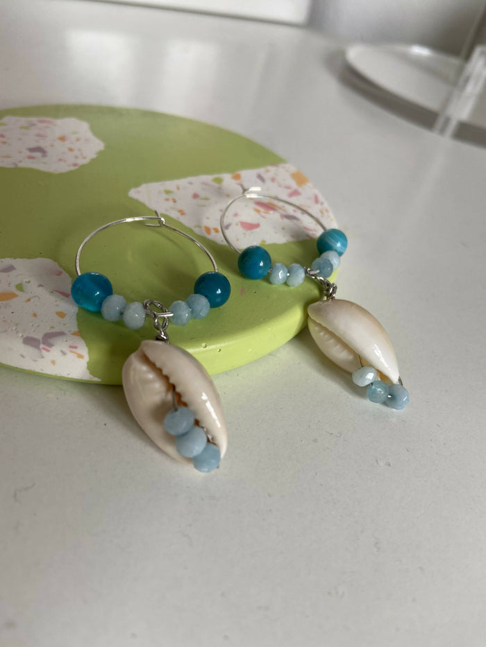 Blue agate Beaded shell earrings