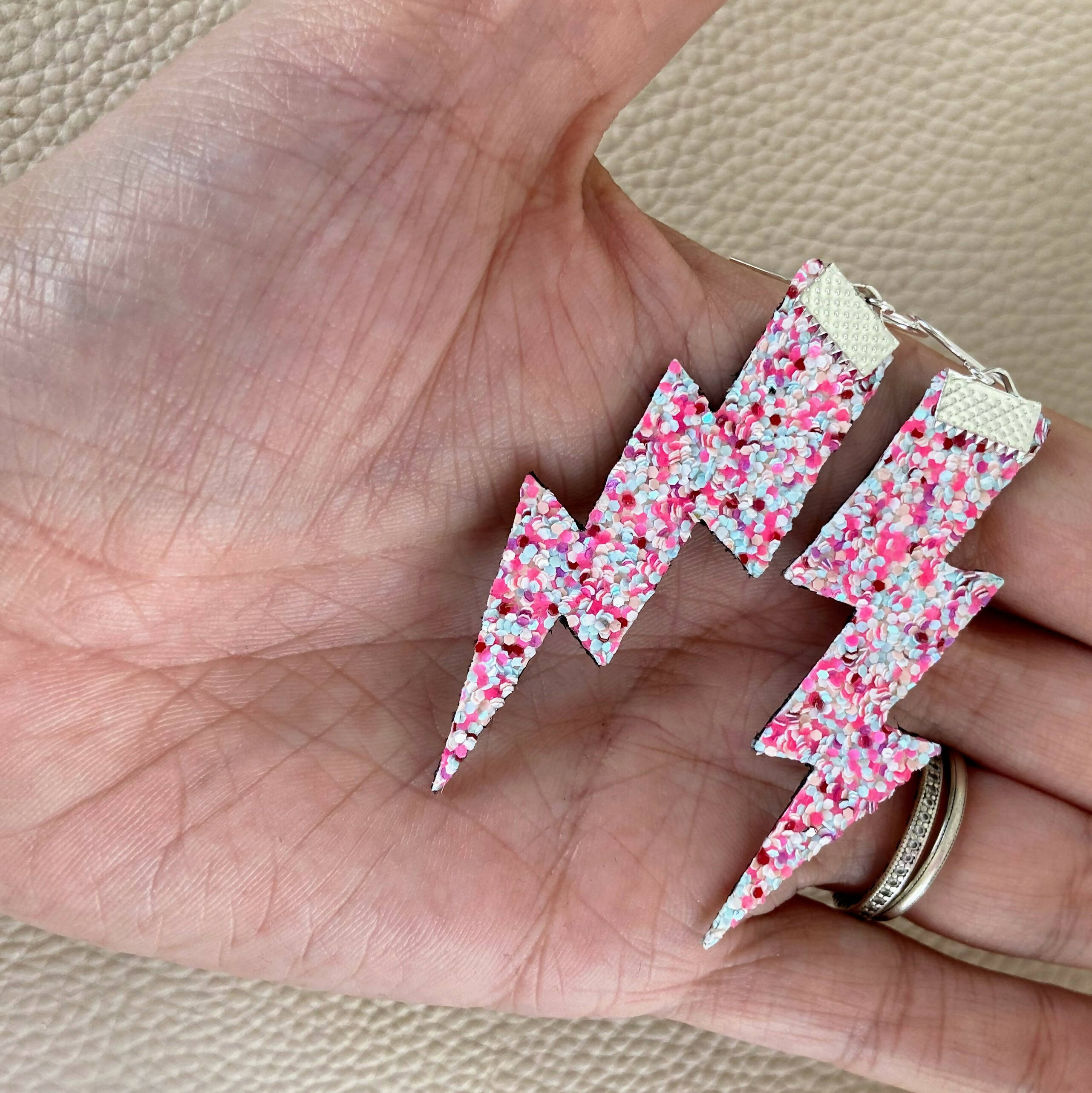 Flash Lightning Bolt Earrings in Pink Confetti Glitter