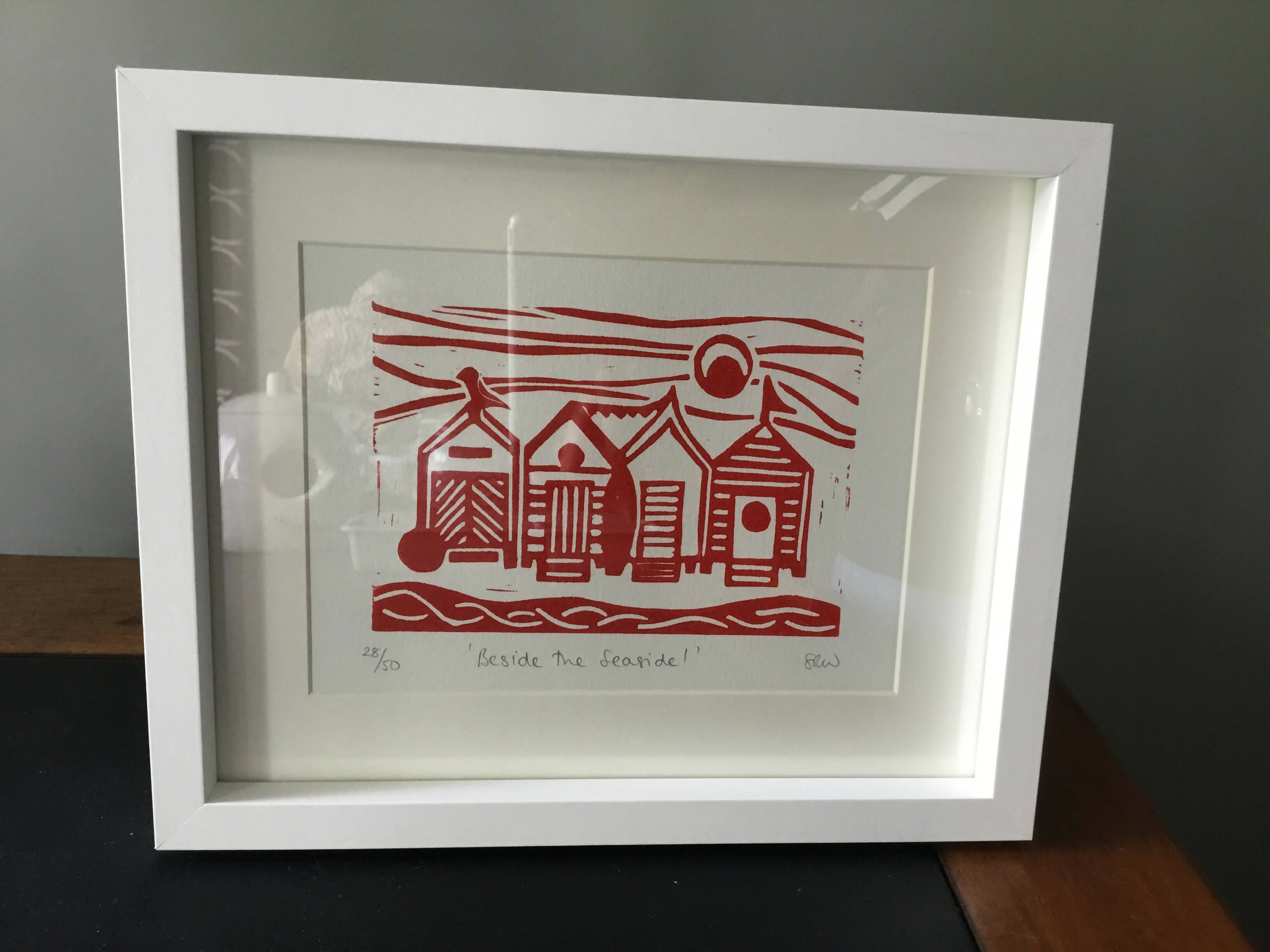 Beach Huts Framed Lino Cut Print