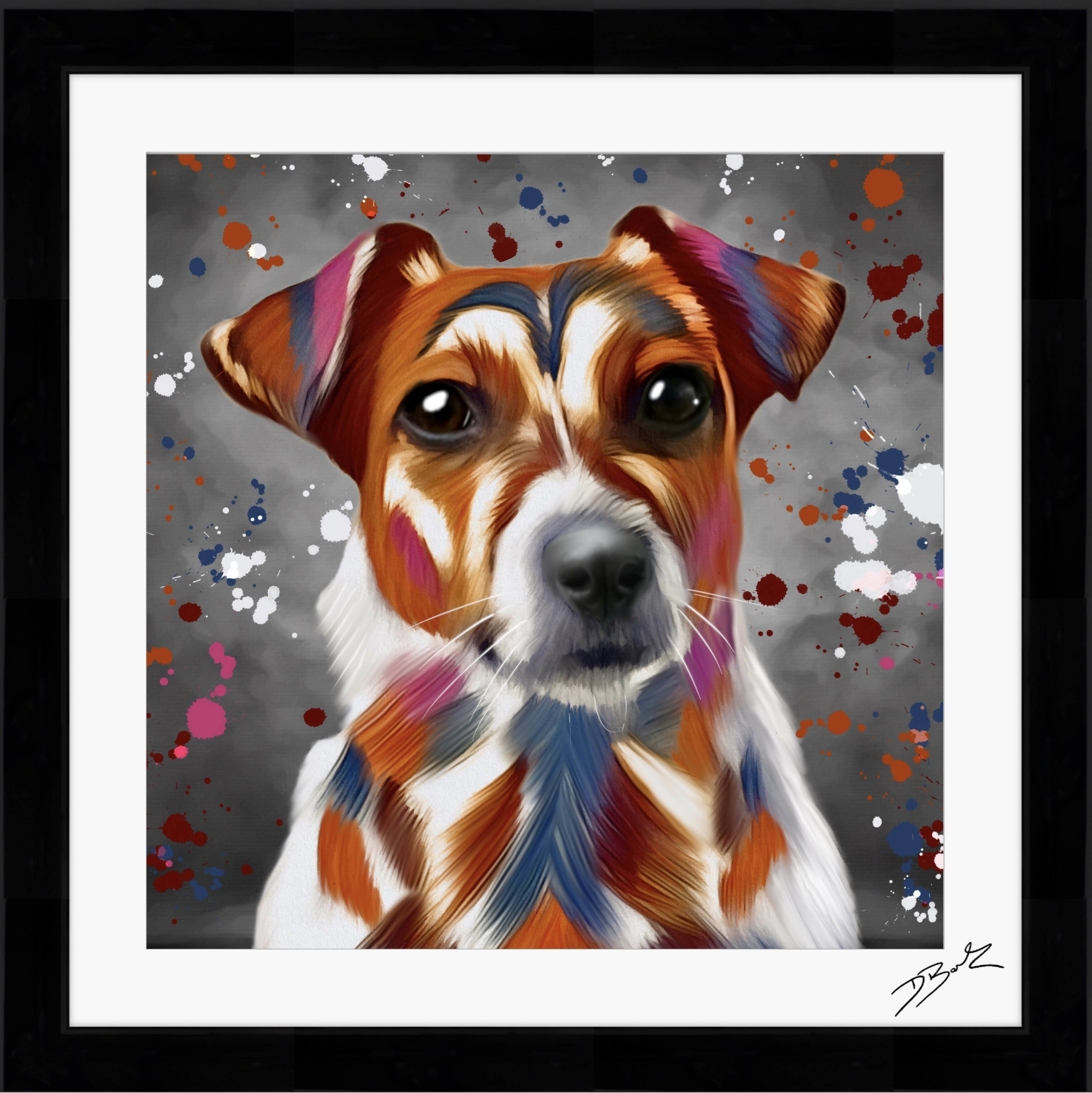 JACK RUSSELL DOG COLOUR SPLASH FRAMED ARTWORK.