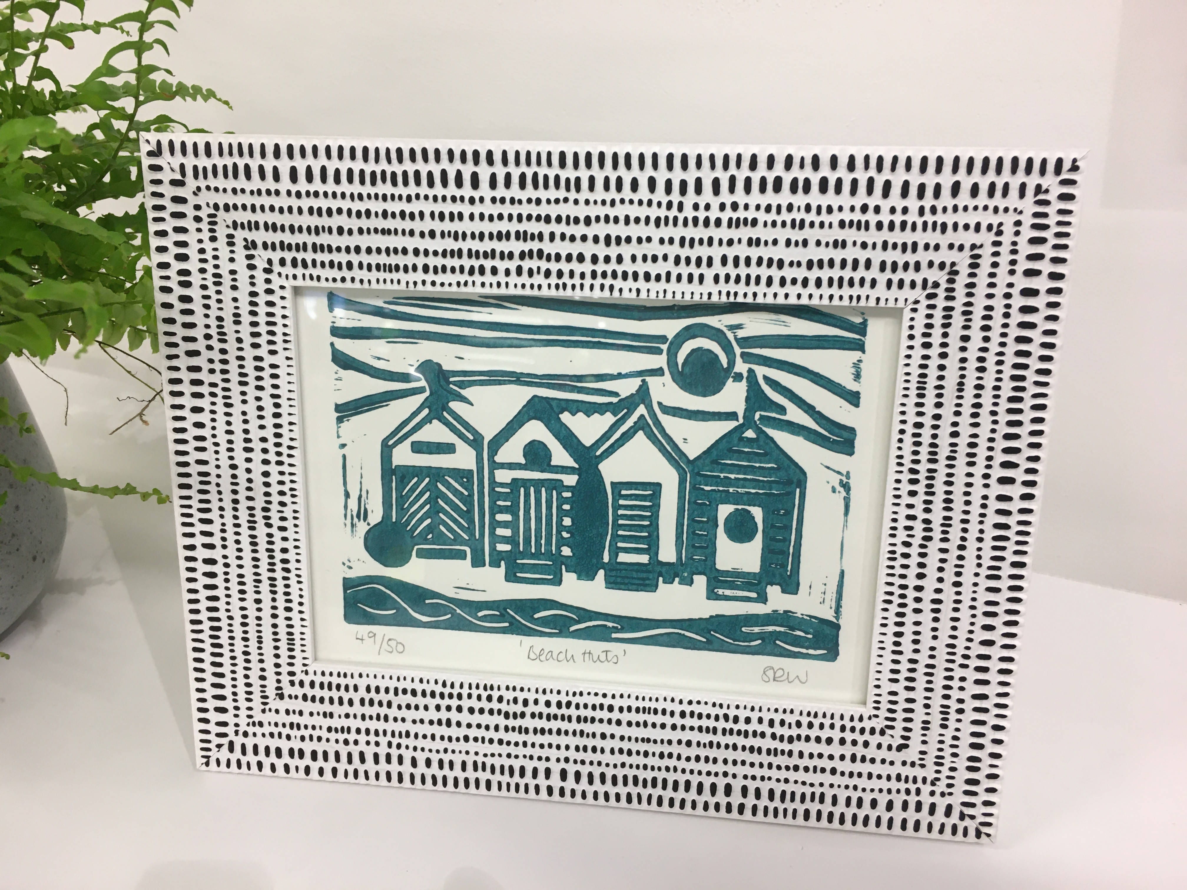 Beach Huts Framed Lino Cut Print