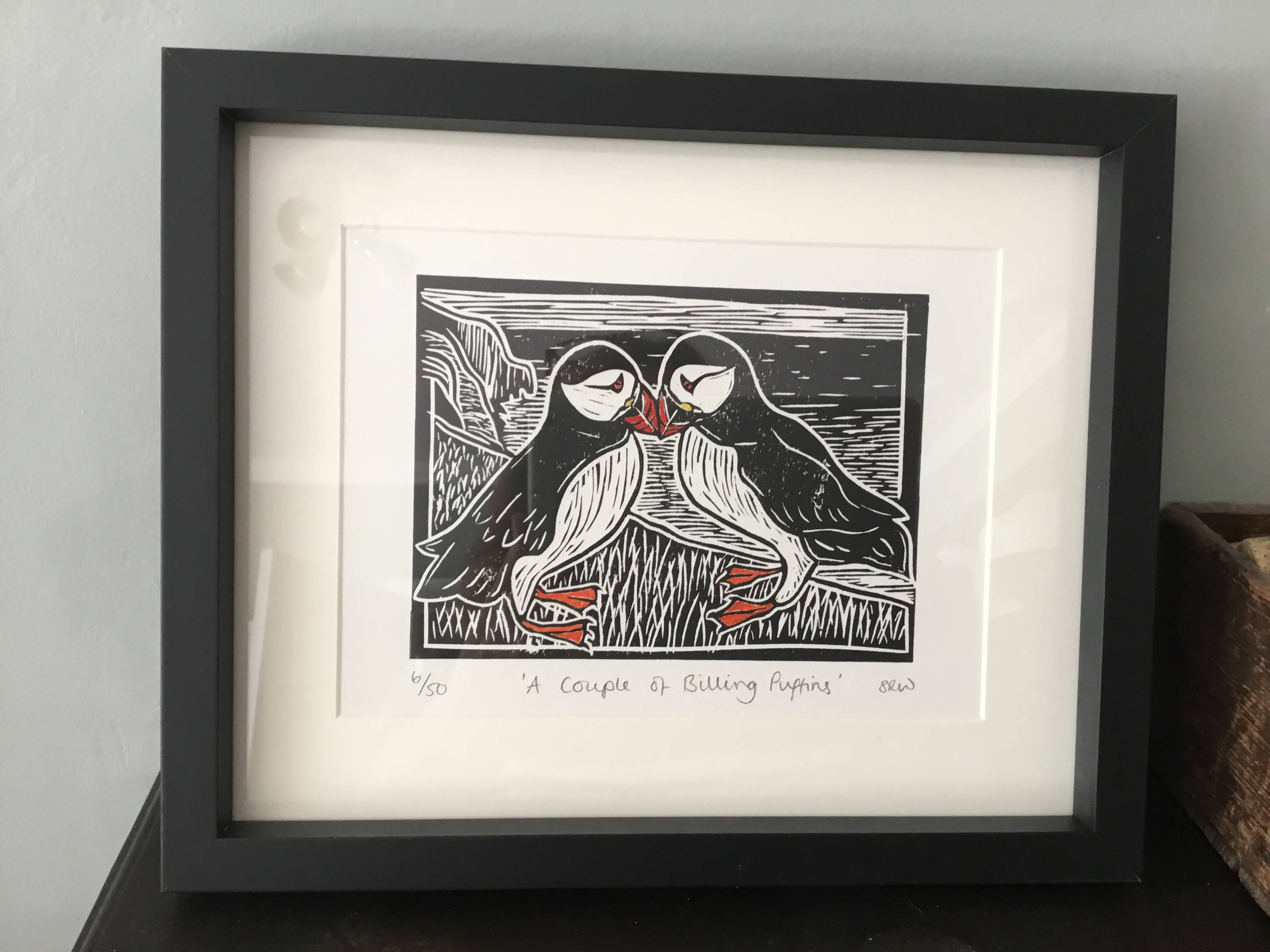 A Couple of Billing Puffins Framed Lino Cut Print