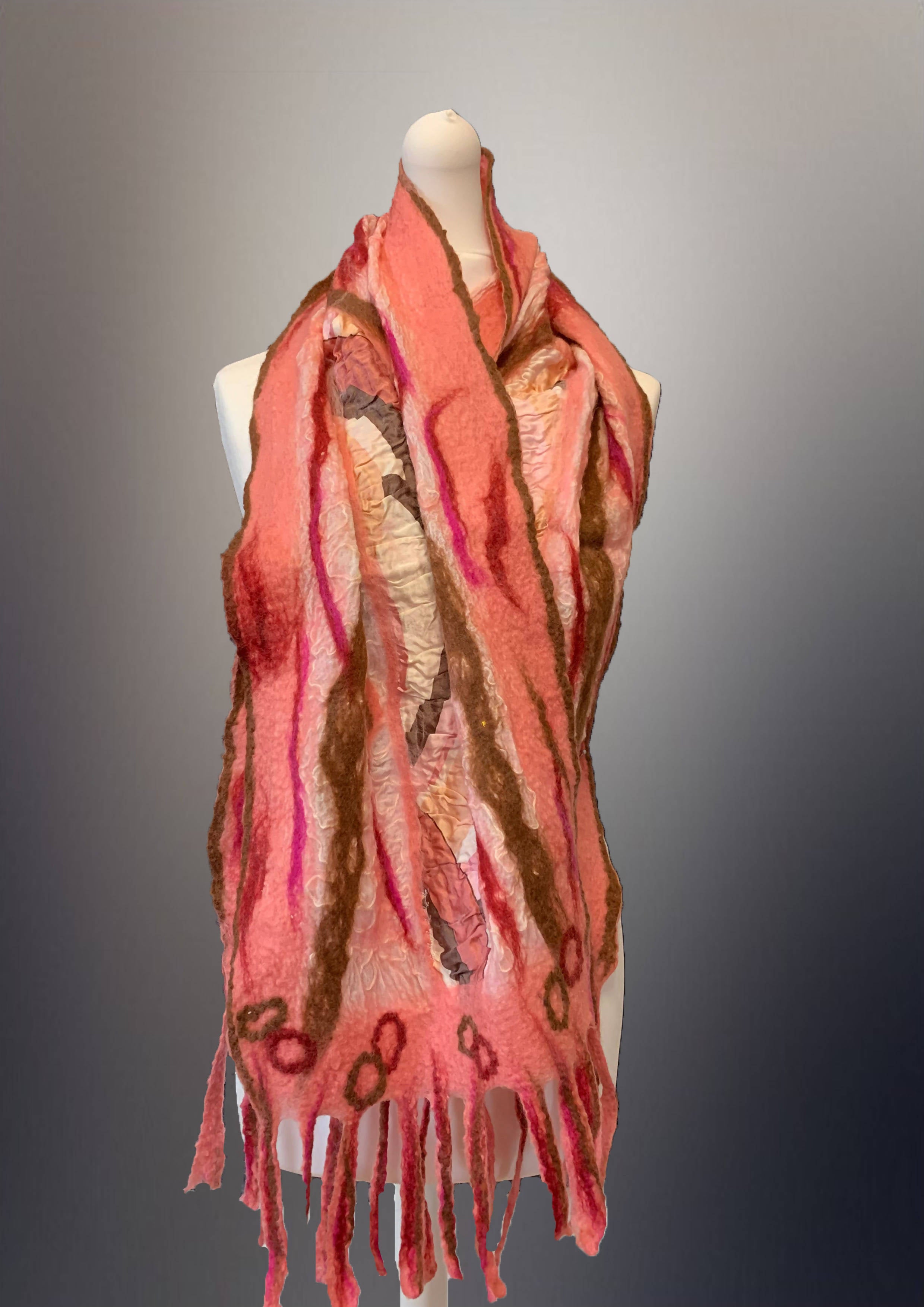 Nuno Felt Long Scarf - Pink, Brown and Dark Pink