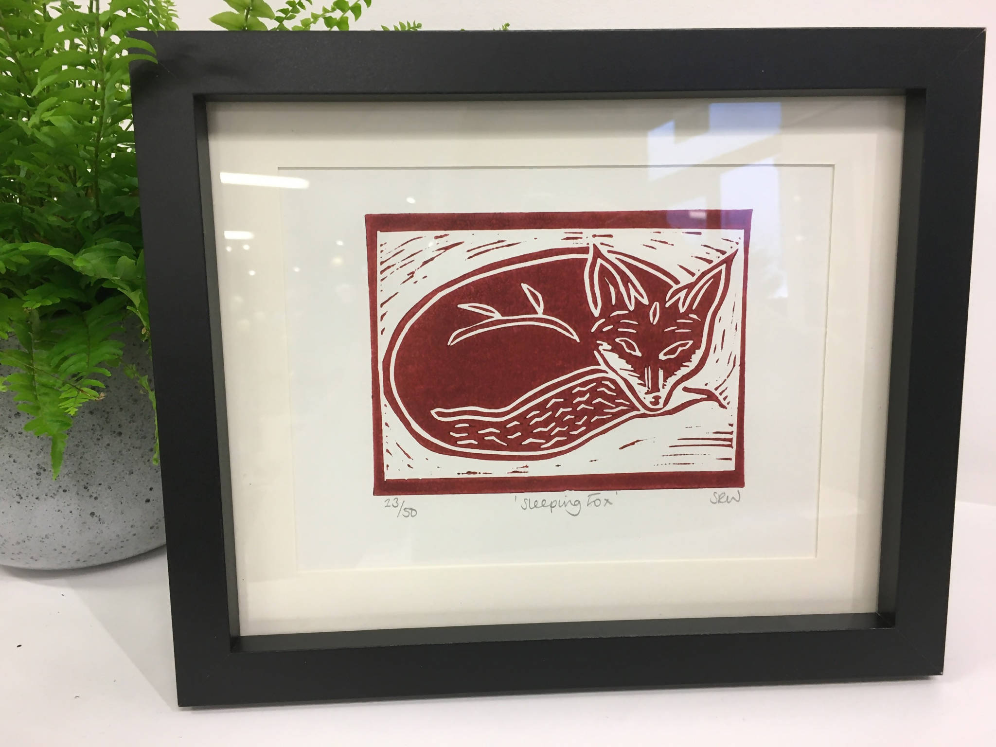 Sleeping Fox Framed Lino Cut Print
