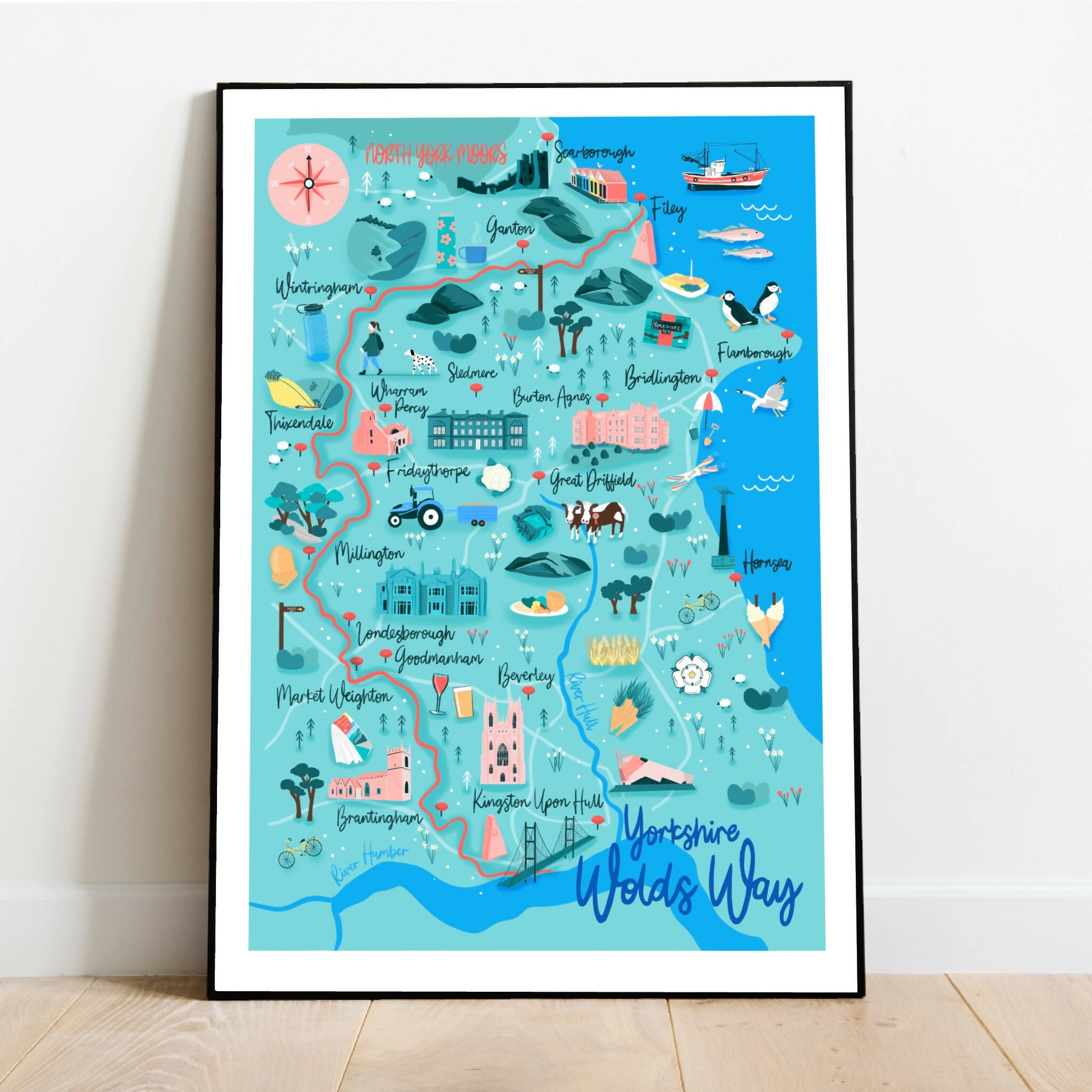 Blue and green illustration print of a map of Yorkshire Wolds Way.