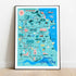 Blue and green illustration print of a map of Yorkshire Wolds Way.