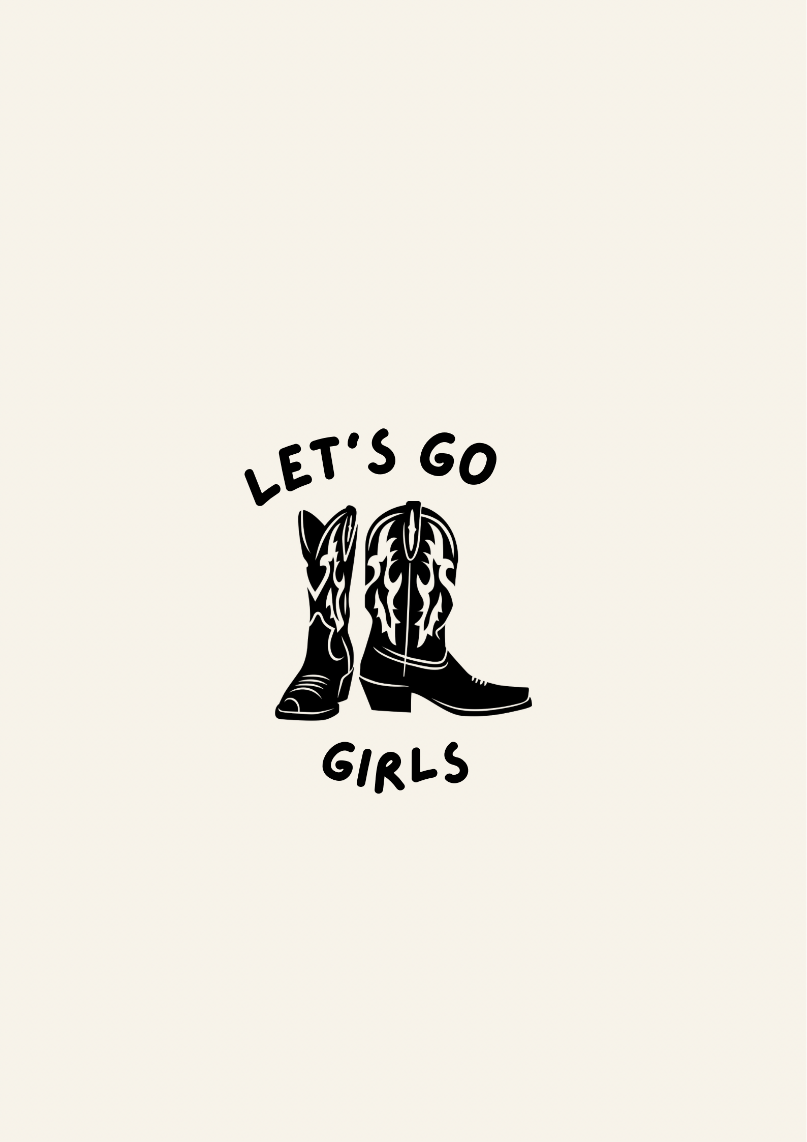 White print with illustration of black cowboy boots on.