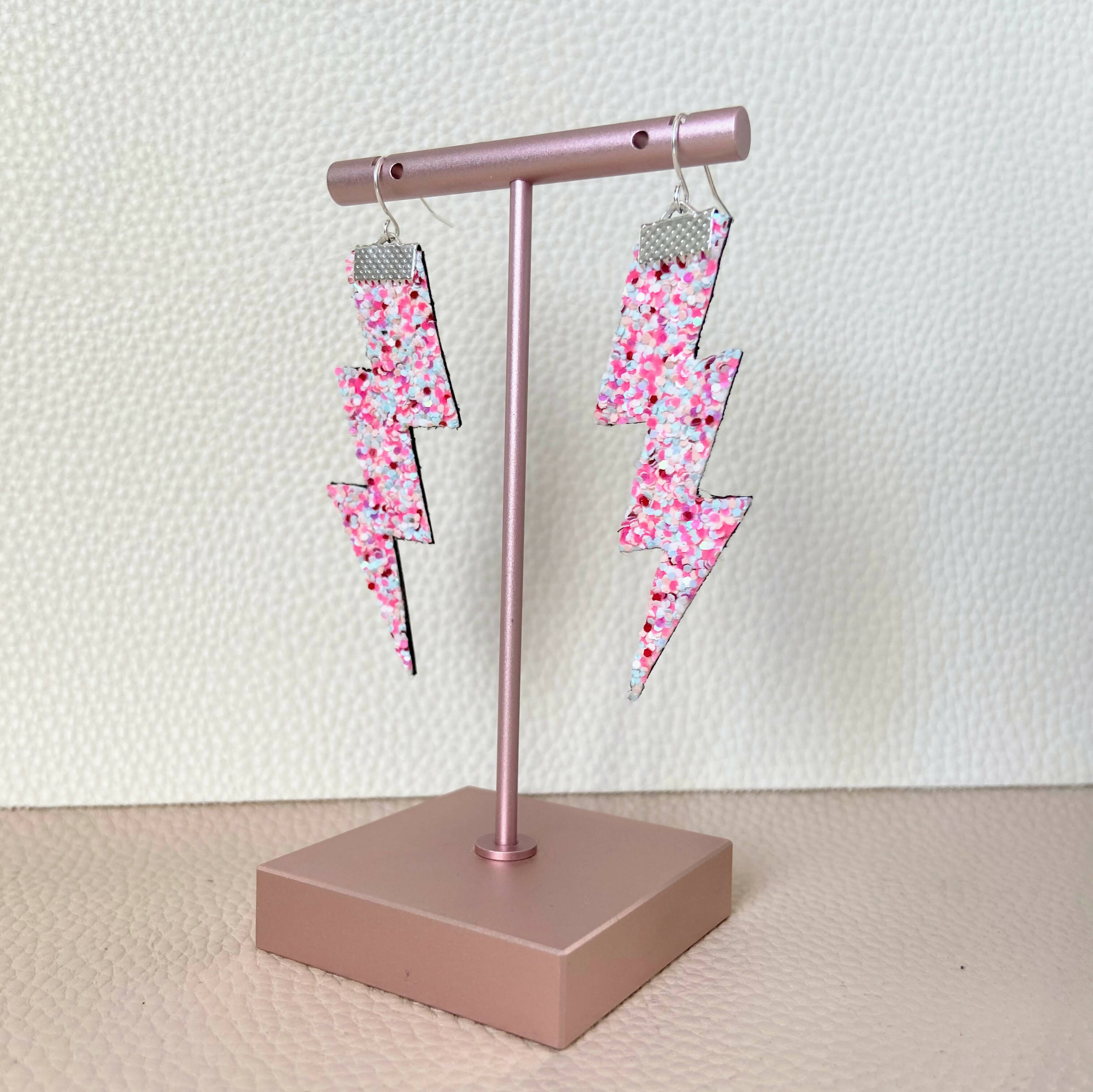 Flash Lightning Bolt Earrings in Pink Confetti Glitter