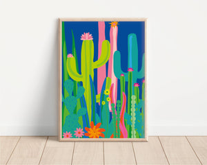 A4 Colourful Cacti Print Blue background
