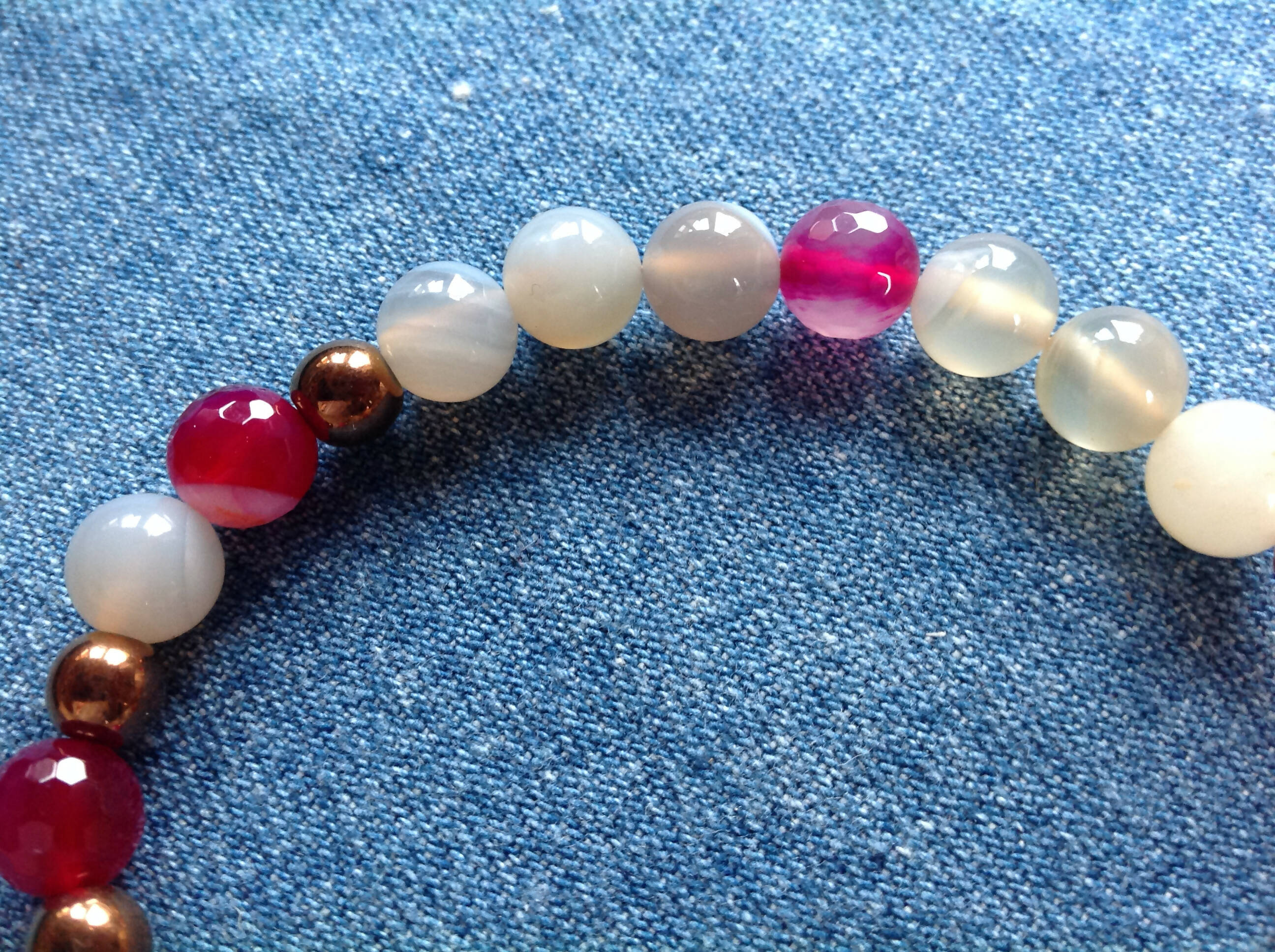 Grey Agate, Fuchsia Banded Agate and Copper Hematite Bracelet
