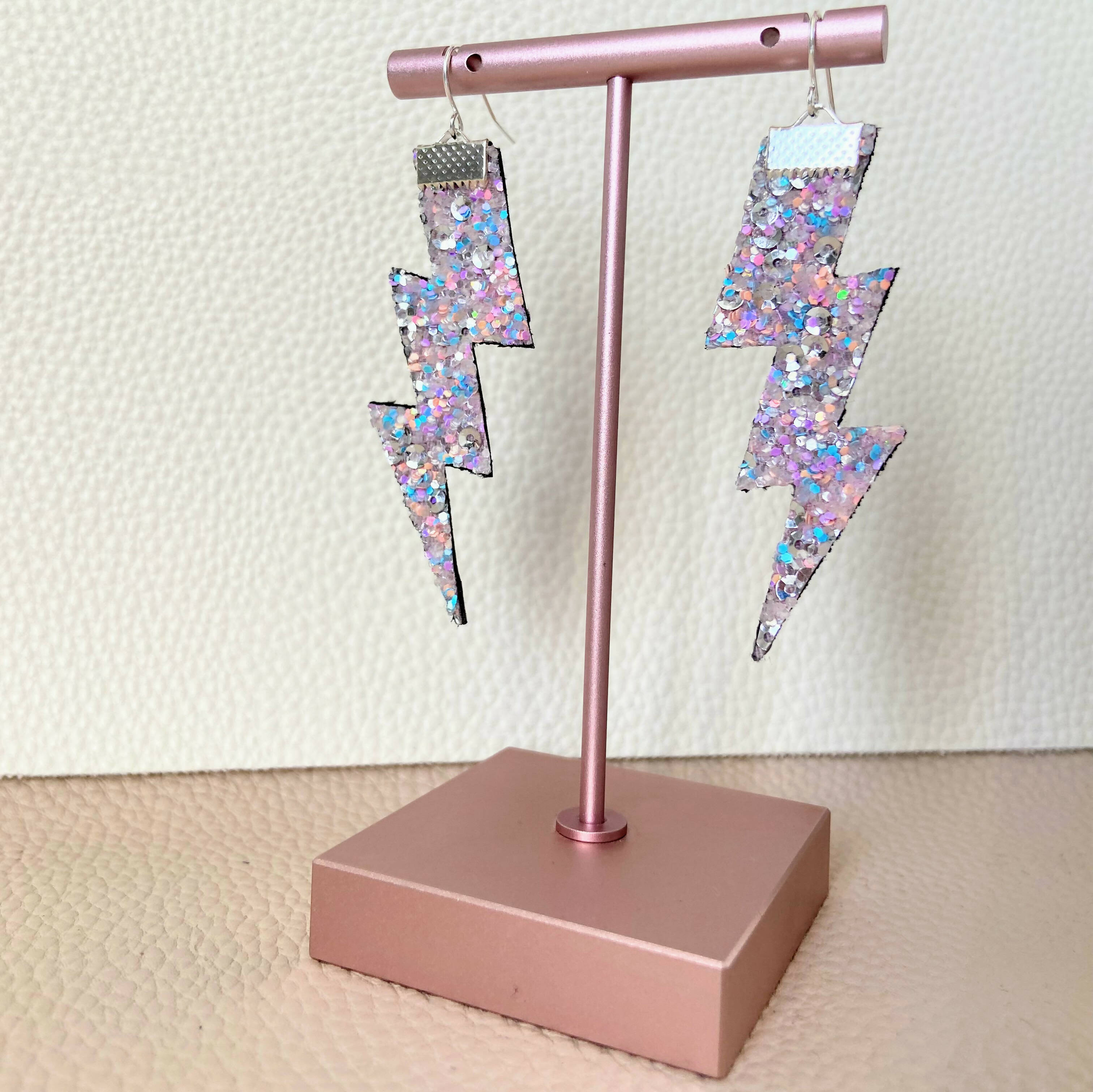 Flash Lightning Bolt Earrings in Silver Sequin Confetti Glitter