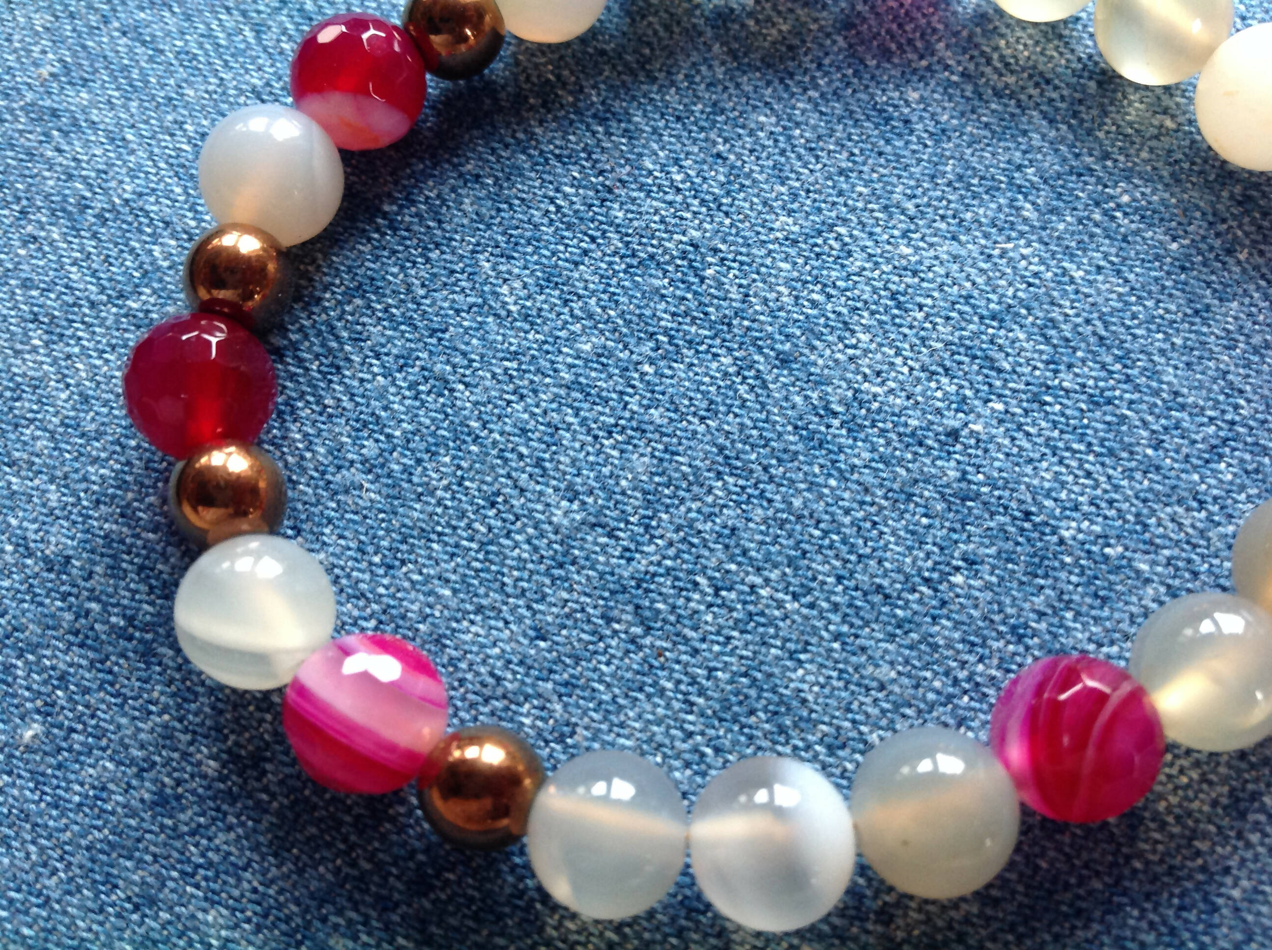 Grey Agate, Fuchsia Banded Agate and Copper Hematite Bracelet
