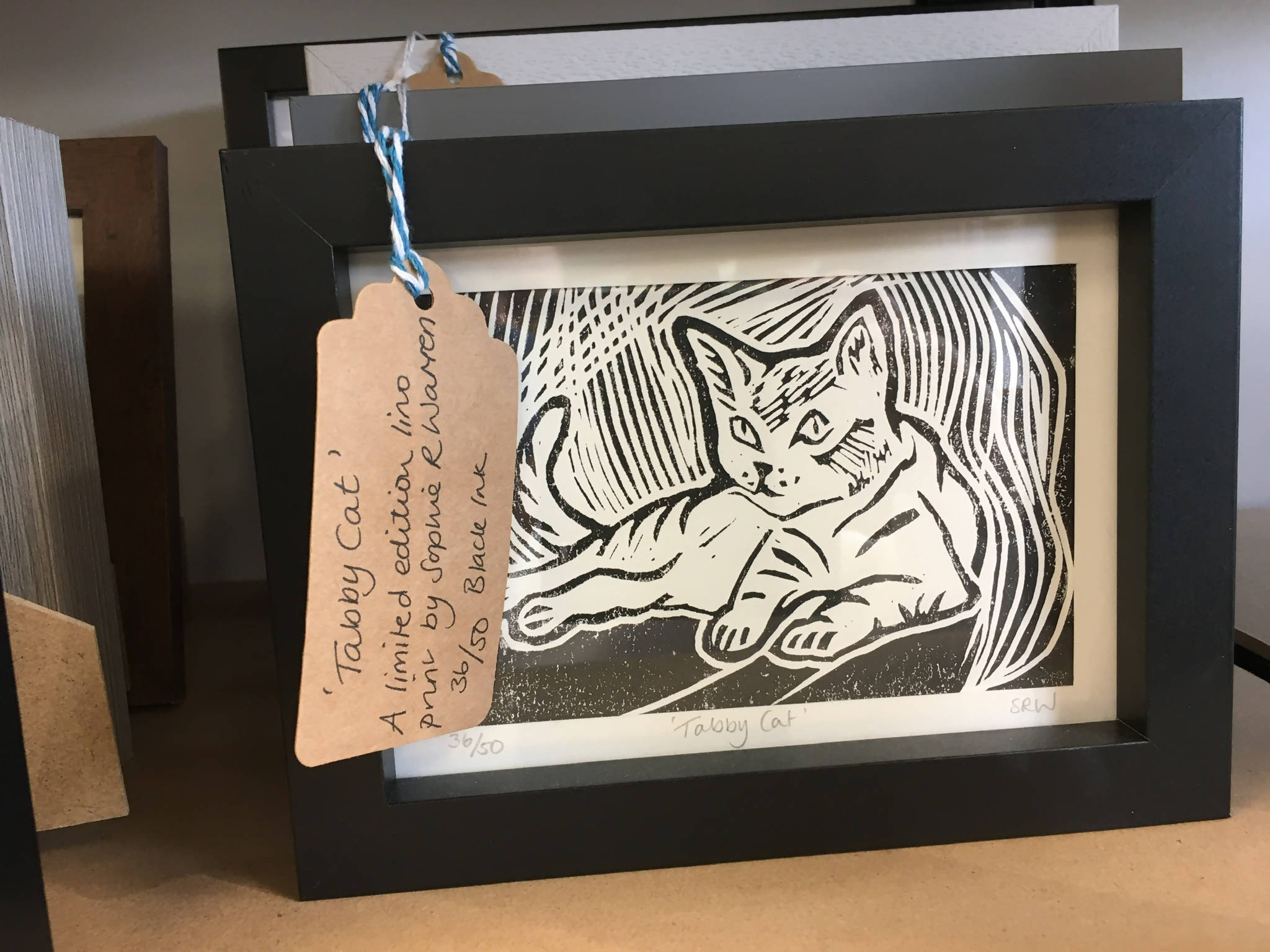 Watching Cat Framed Lino Cut Print
