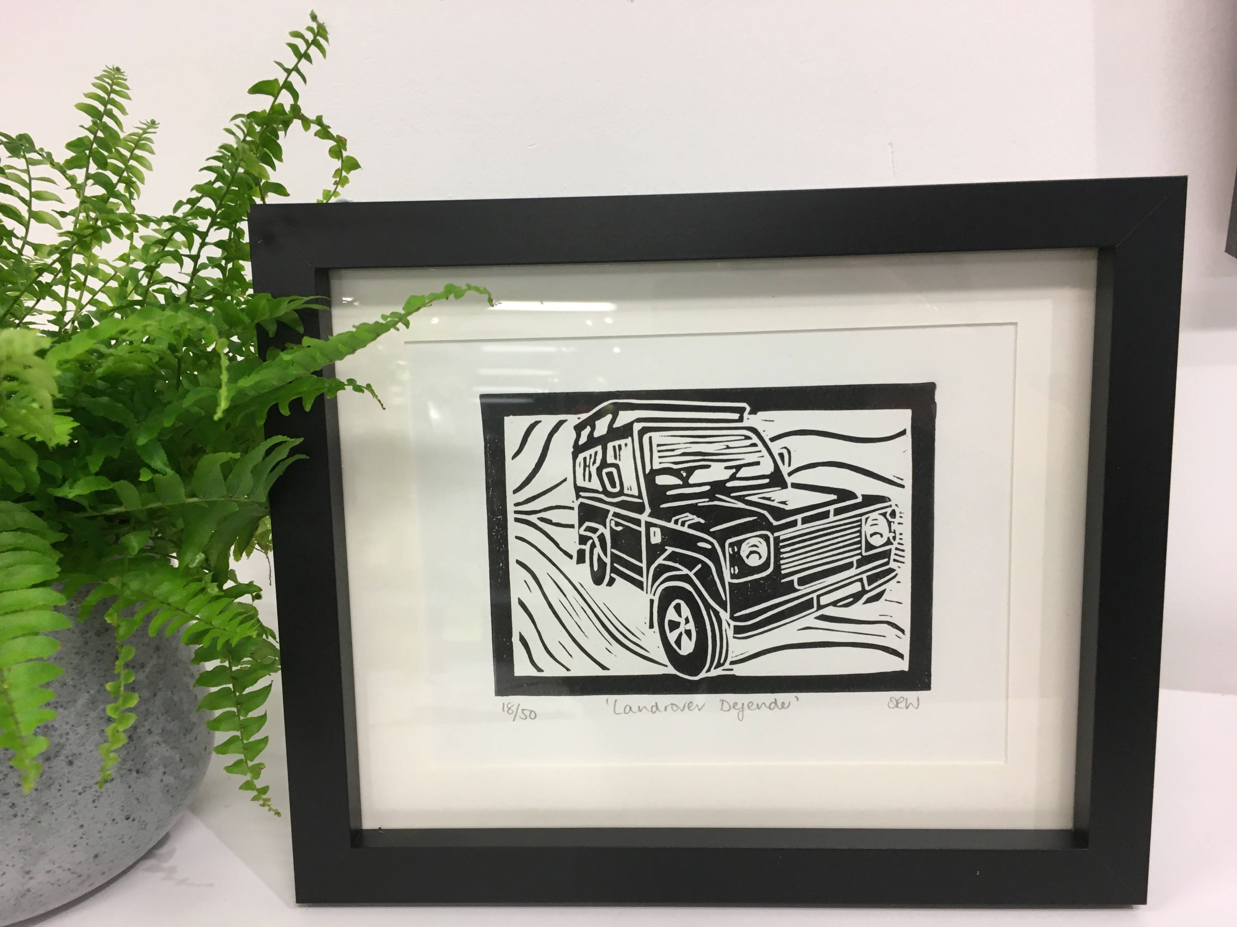 Land Rover Defender Framed Lino Cut Print