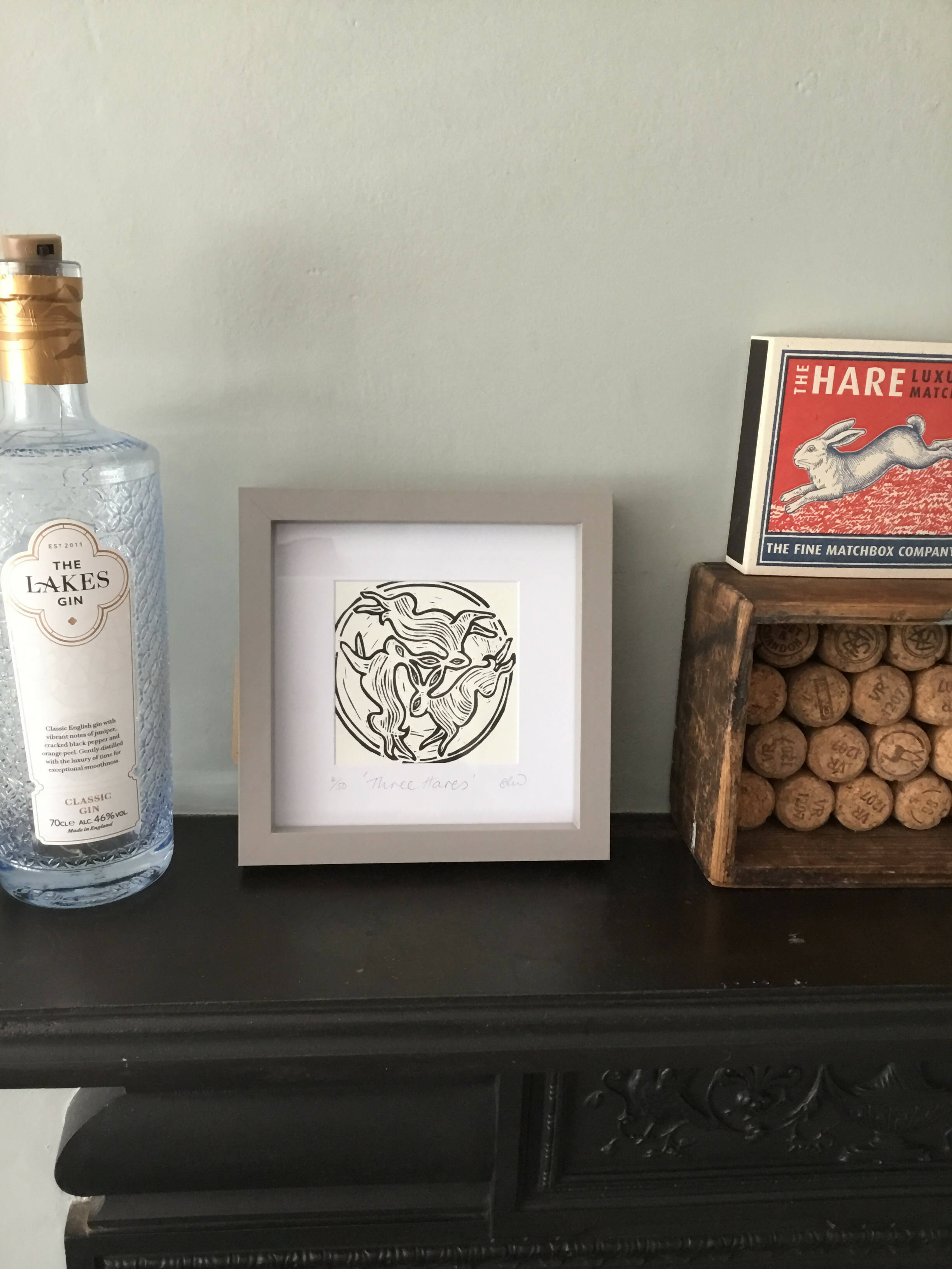 Three Hares Framed Lino Cut Print