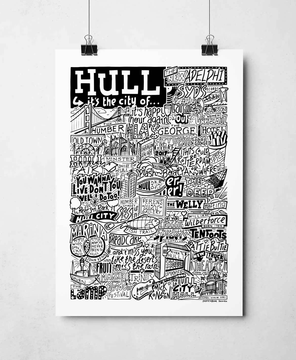 Black and white illustration of Hull landmarks.