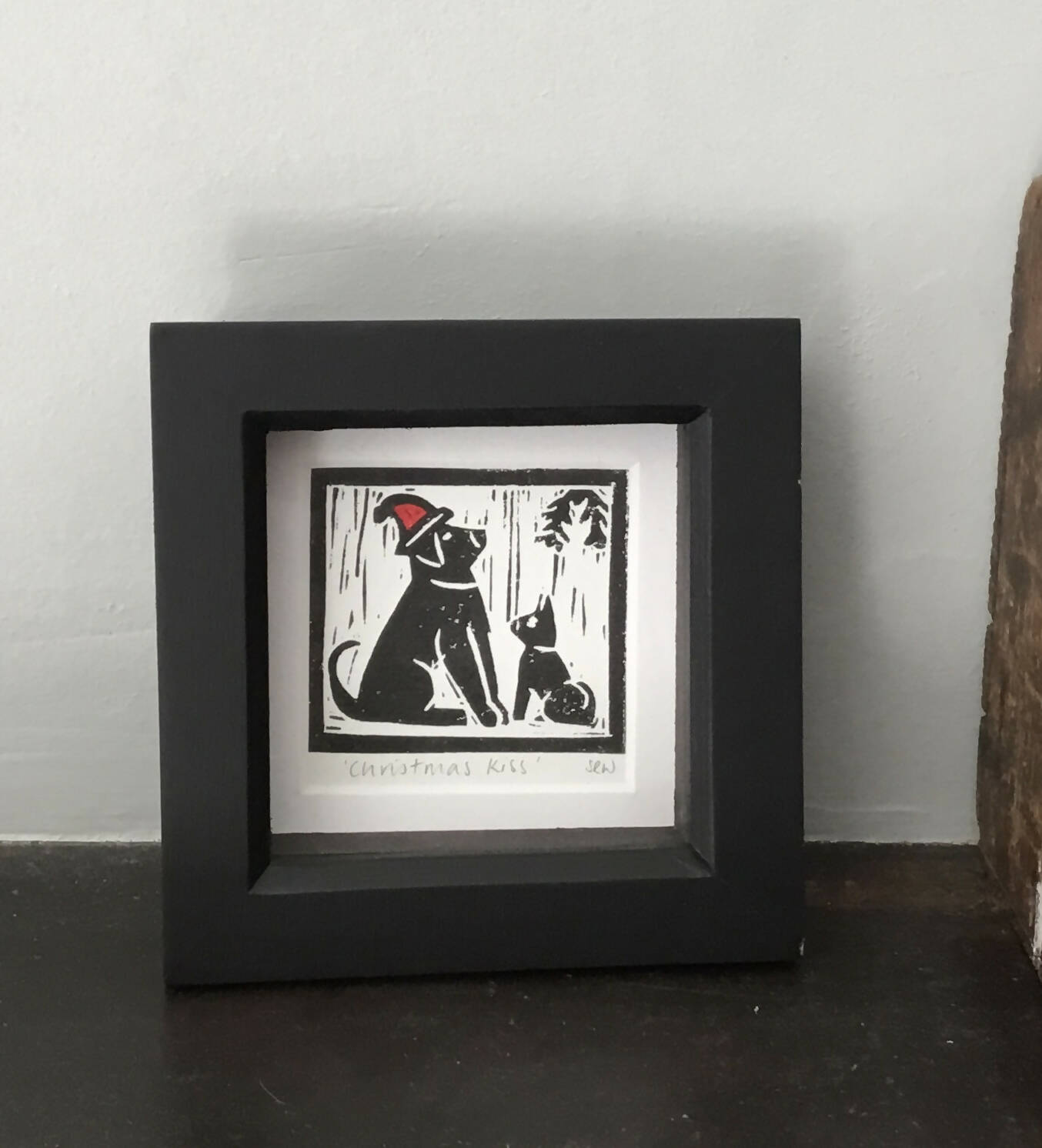 Christmas Kiss Framed Lino Cut Print