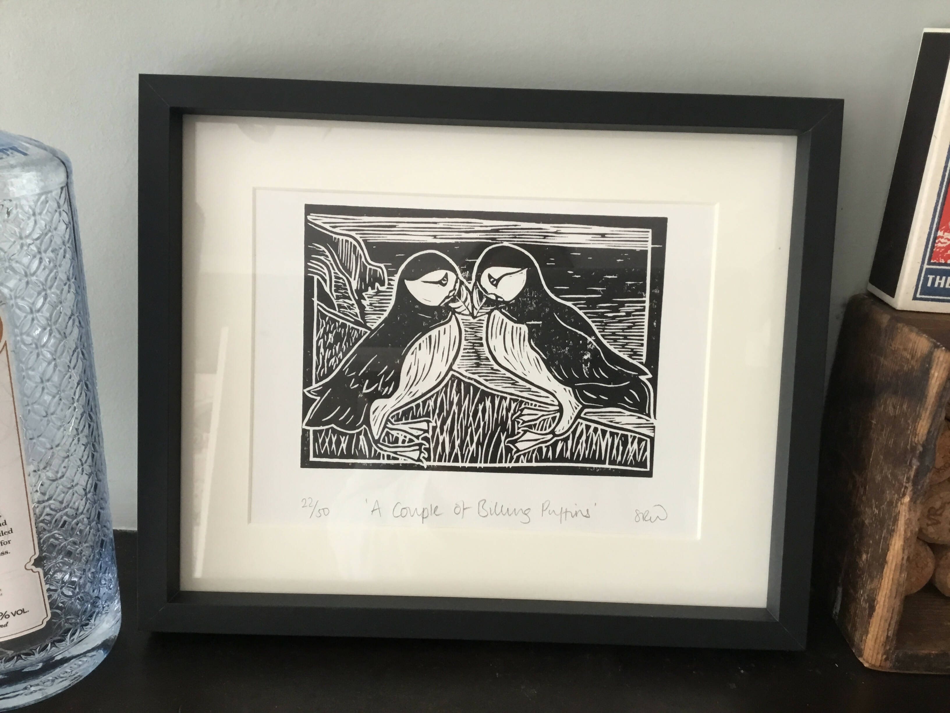 A Couple of Billing Puffins Framed Lino Cut Print