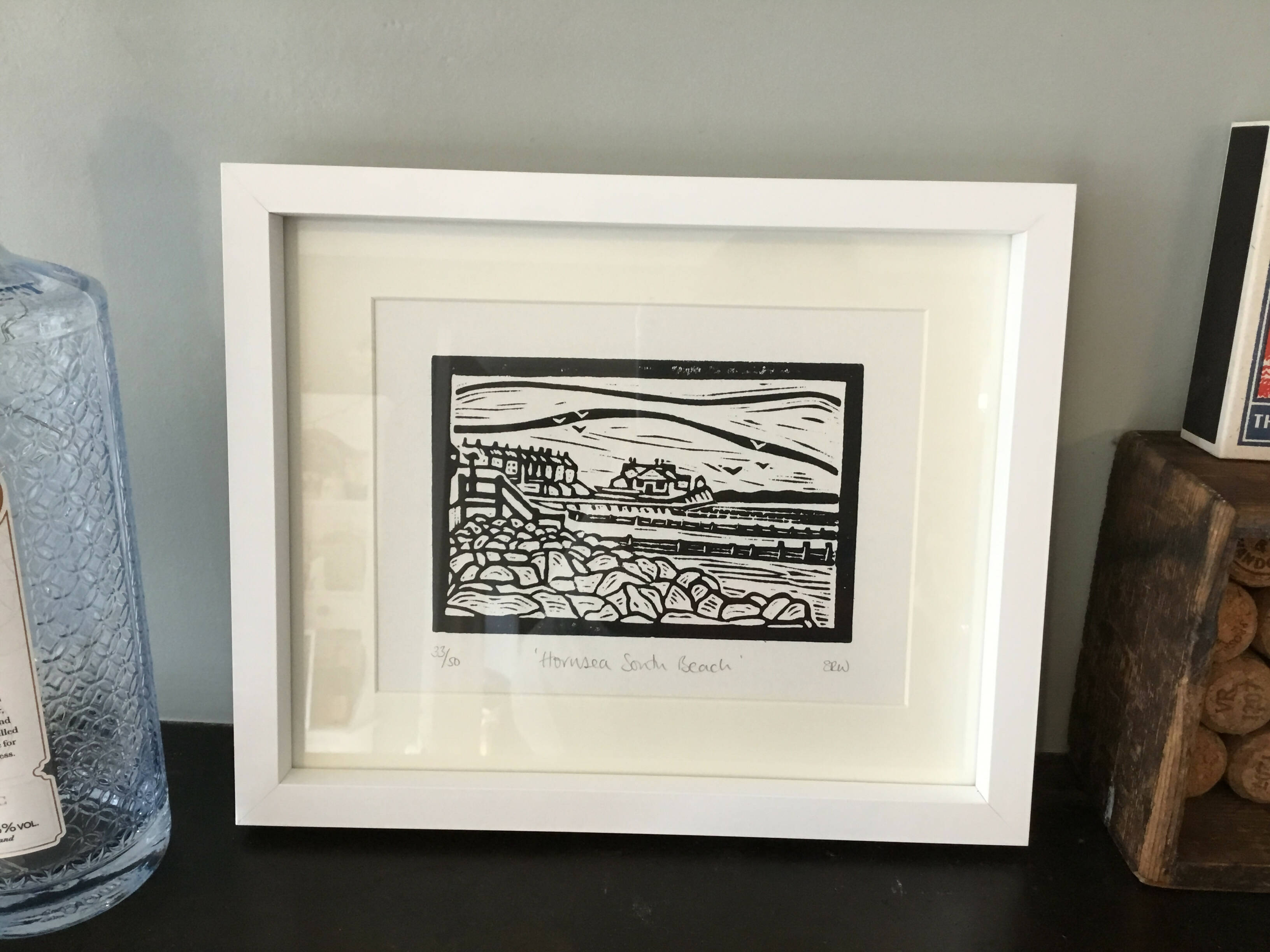 Hornsea Beach Framed Lino Cut Print