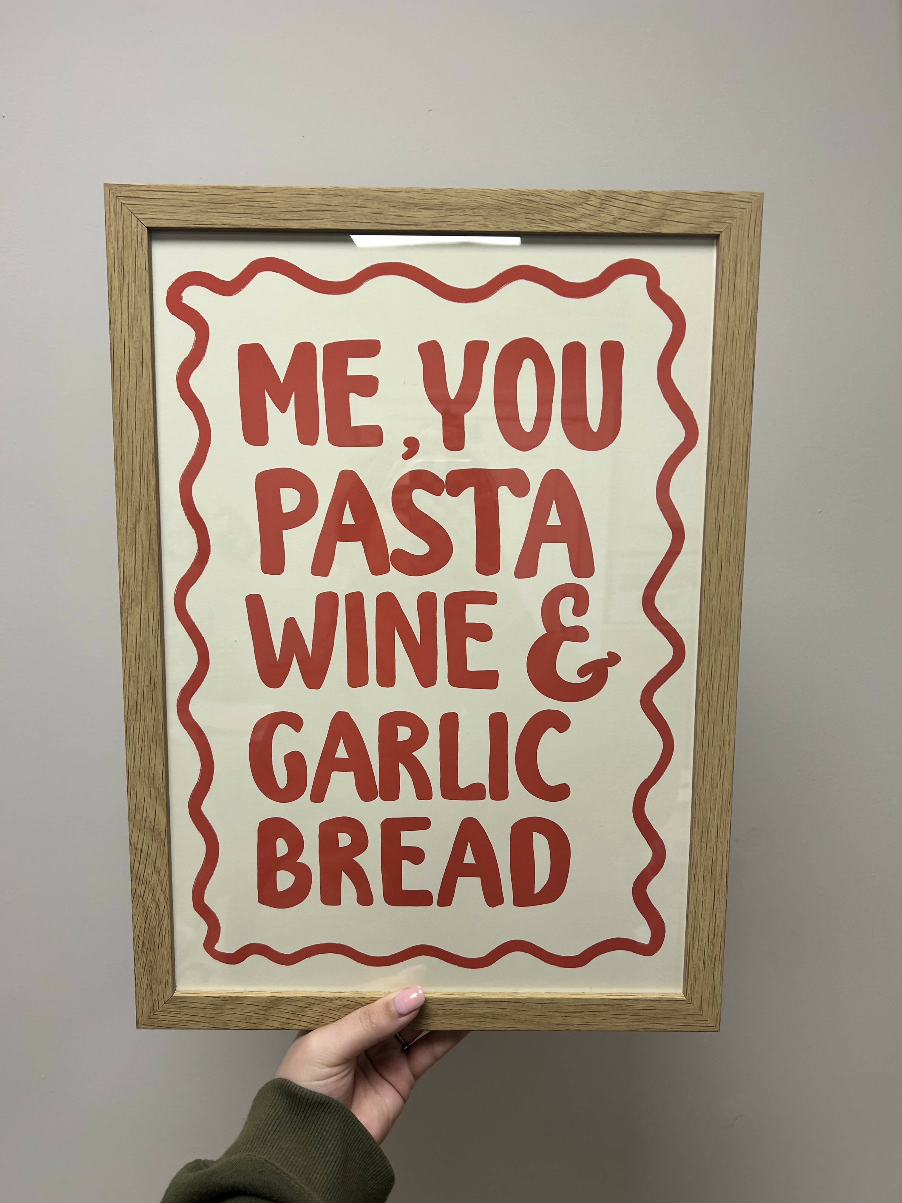 FRAMED Me, You, Pasta, Wine & Garlic Bread Print
